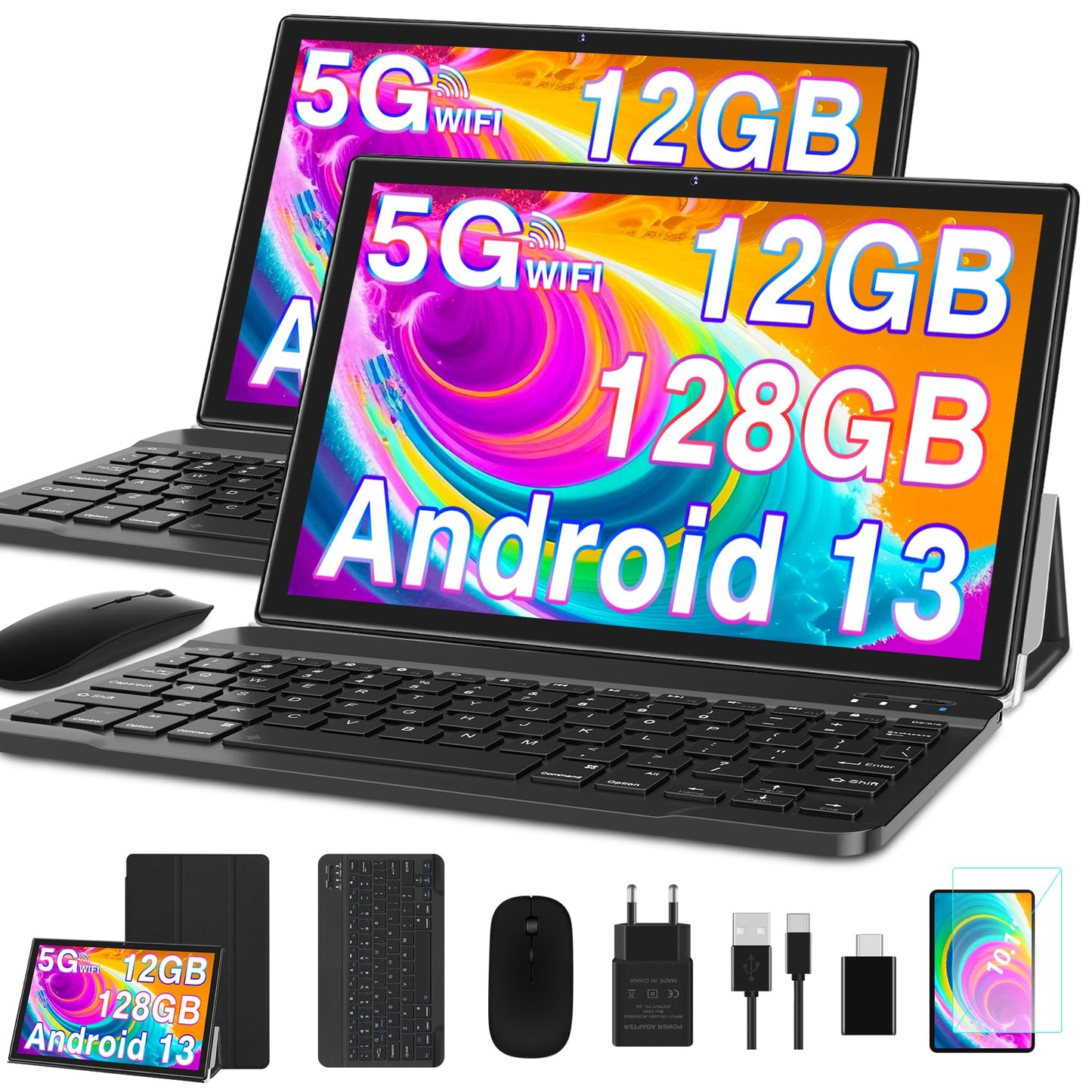 GOODTEL 2024 Latest Tablet 10 Inch Android 13 with 12GB RAM + 128GB ROM 1TB TF, 5G + 2.4G WiFi, GPS, Bluetooth 5.0, 6000mAh, Dual Camera 8+5MP, Cast, OTG, Type C, with case, keyboard & mouse - Black