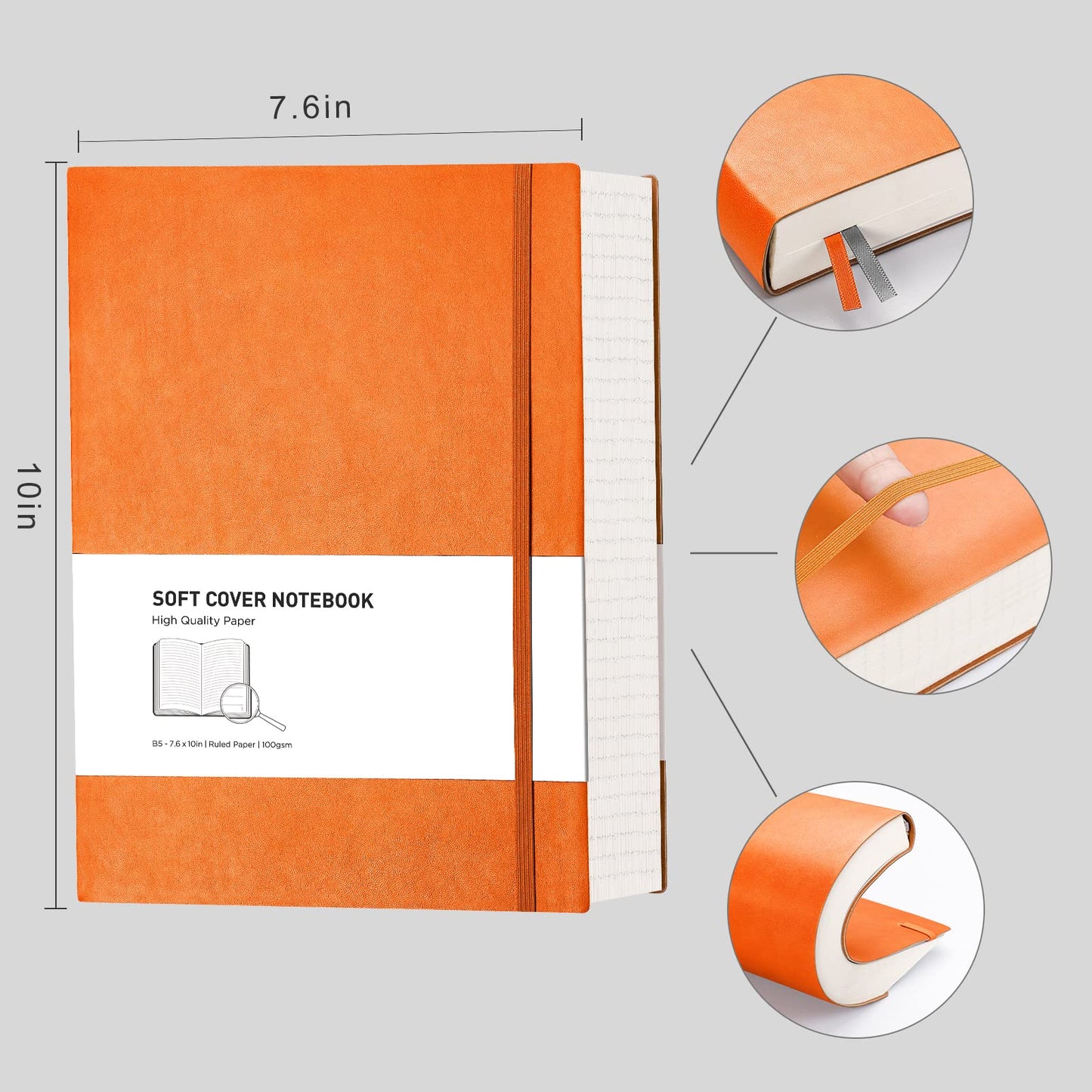 RETTCY Notebook B5 lined - Thick journal with 320 numbered pages, 1 back pocket, and high-quality softcover for women and men in the office or school, 19 x 25 cm - Orange