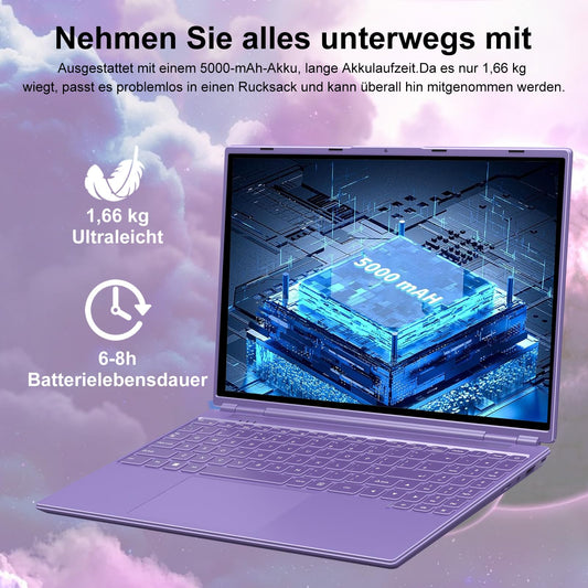 AOCWEI Laptop 16 inch 12GB RAM 512GB ROM Expandable 2.5" 1TB SSD, Laptop Win 11 with 4-Core CPU N5095 (up to 2.9 GHz), 1920*1200 | 5G WiFi | Bluetooth & German Keyboard Sticker-Purple.