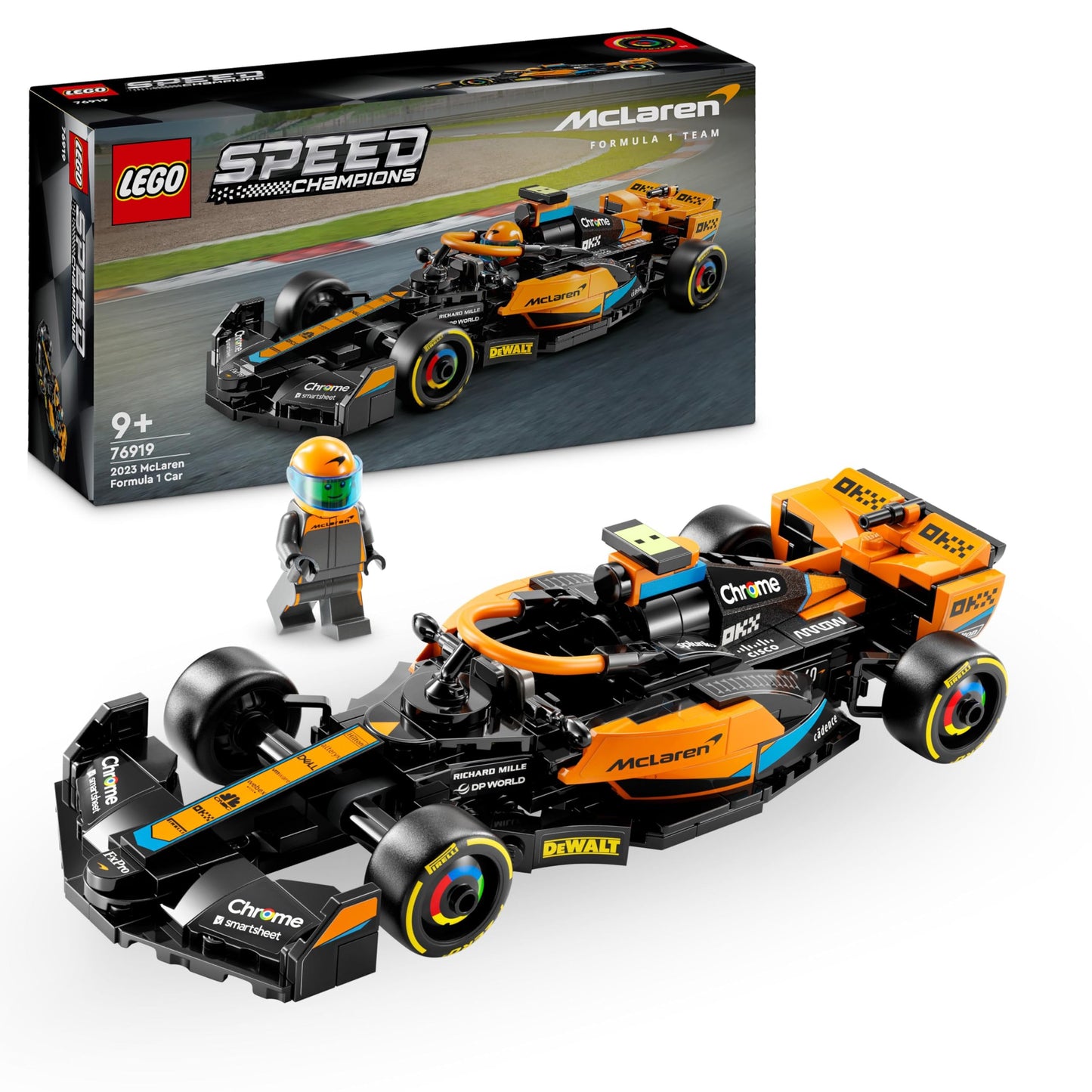 LEGO Speed Champions McLaren Formula 1 race car 2023 & Speed Champions Ford Mustang Dark Horse sports car, car toy with minifigure for building.