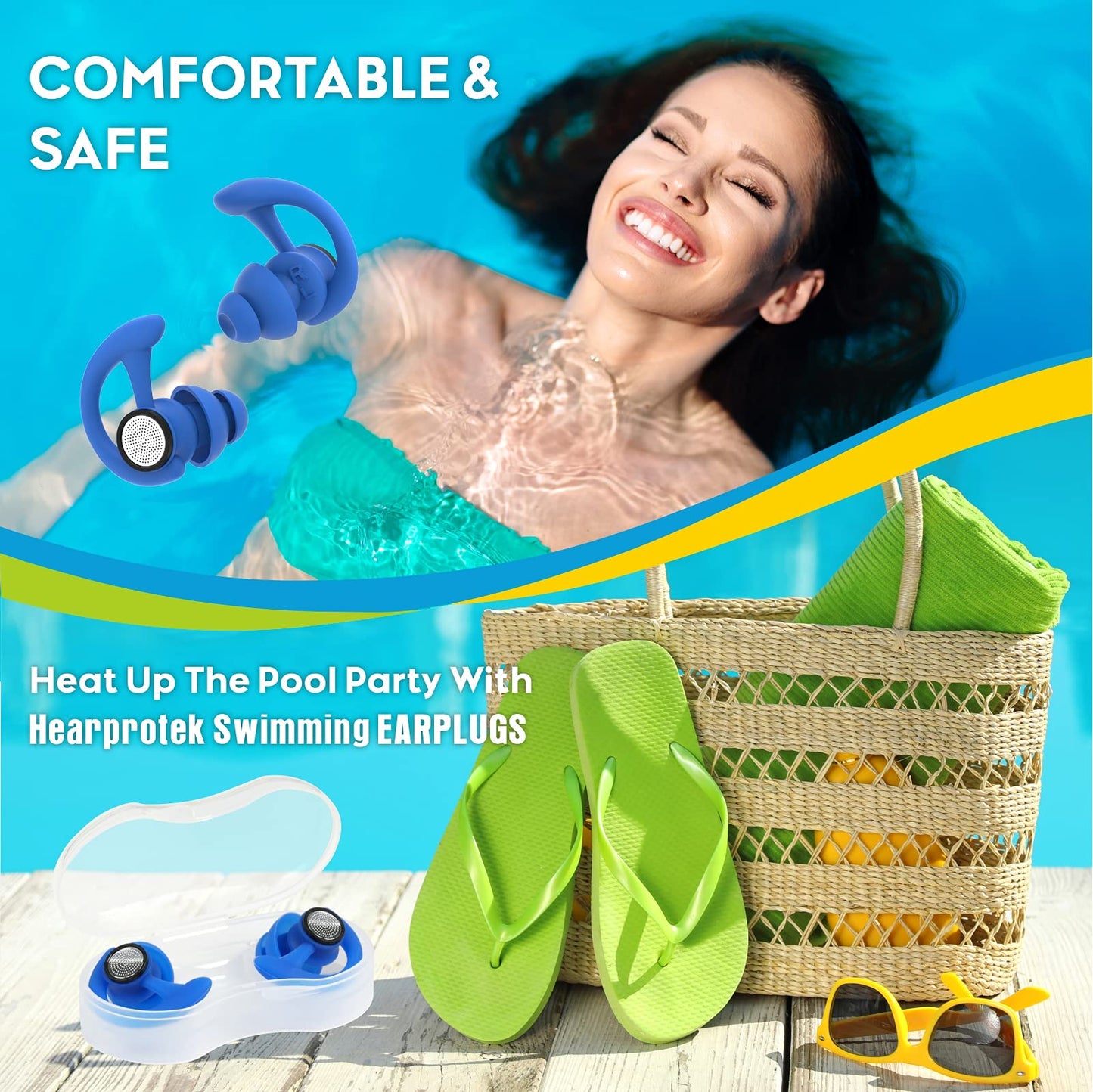 Hearprotek 2 pairs of swimming earplugs, ear protection for adults for swimming, shower, pool, bathing, surfing Blue.