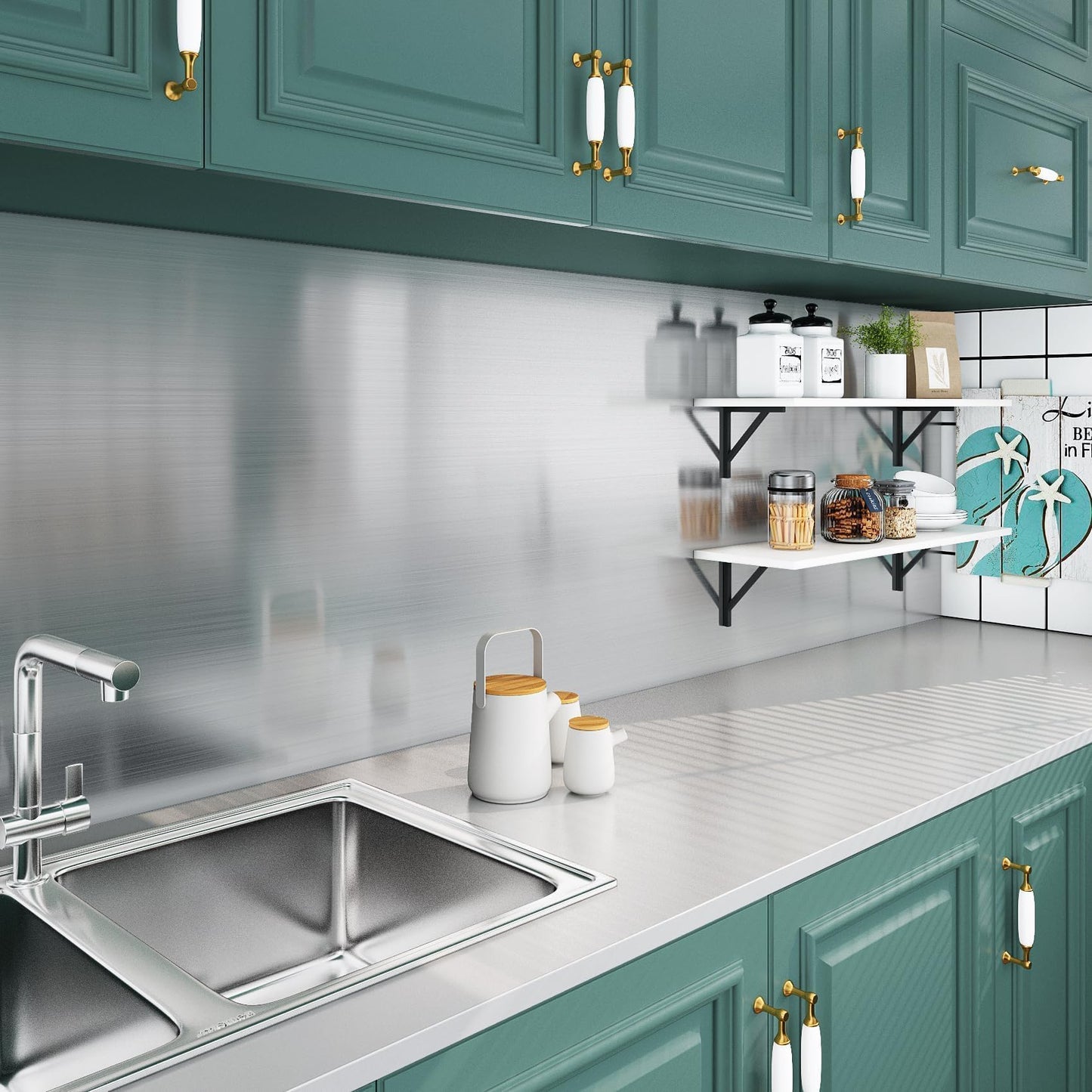 Livelynine 40CMX10M adhesive film silver stainless steel self-adhesive metallic film self-adhesive furniture film refrigerator film dishwasher cabinets splash guard kitchen self-adhesive decorative film