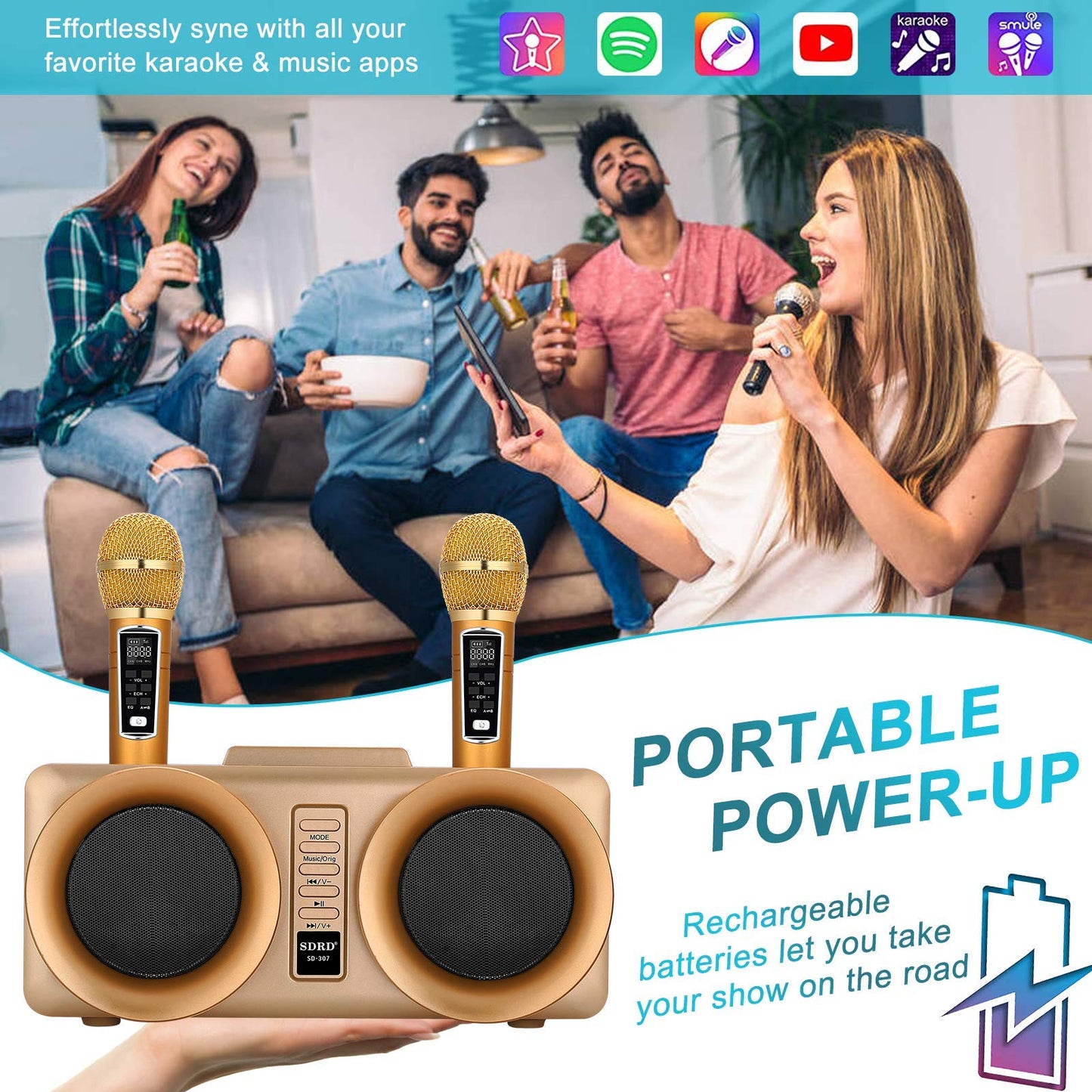 ALPOWL Karaoke Machine for kids and adults, portable Bluetooth speaker PA system with 2 UHF wireless microphones for home party, wedding, church, picnic, outdoor/indoor (Gold)