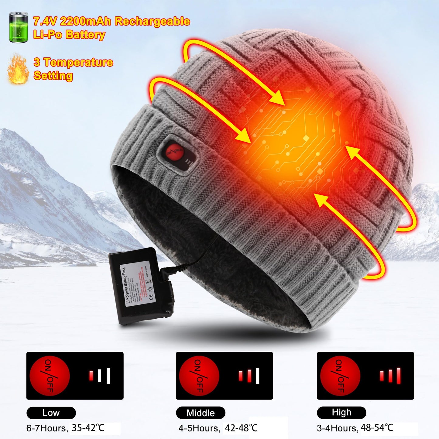 Svpro Heated Knit Hat, Rechargeable Heated Beanie Washable Electric Warm Winter Hat Men Women Thermal Thick Fleece Skull Cap for Skiing Cycling Hunting