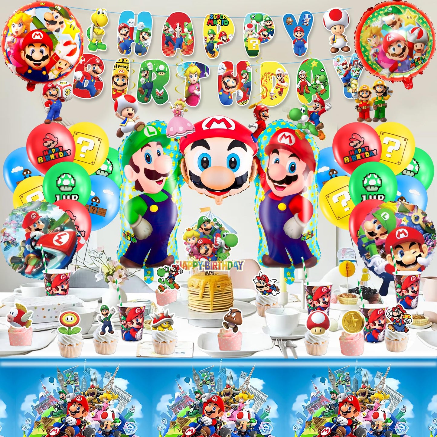 102Pcs Ma Rio paper plates children's birthday decor Super Bros birthday tableware set birthday decorations party tableware party decor tablecloth napkins plates and cups balloon banner cake decoration for 20 guests.