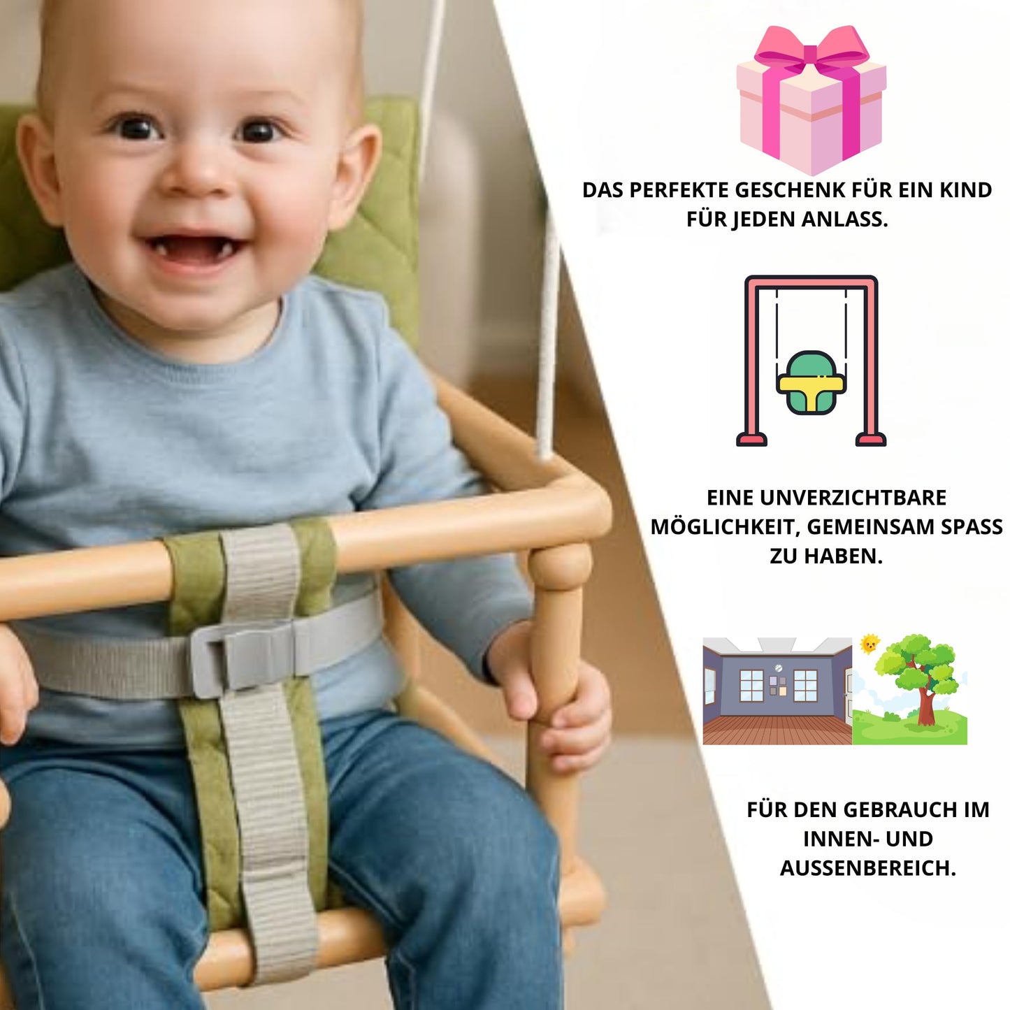 Wooden baby swing, children's swing, 3 in 1 swing for kids with safety belt, toddler swing, baby swing and swing seat, wooden children's swing for indoor and outdoor use (light grey)
