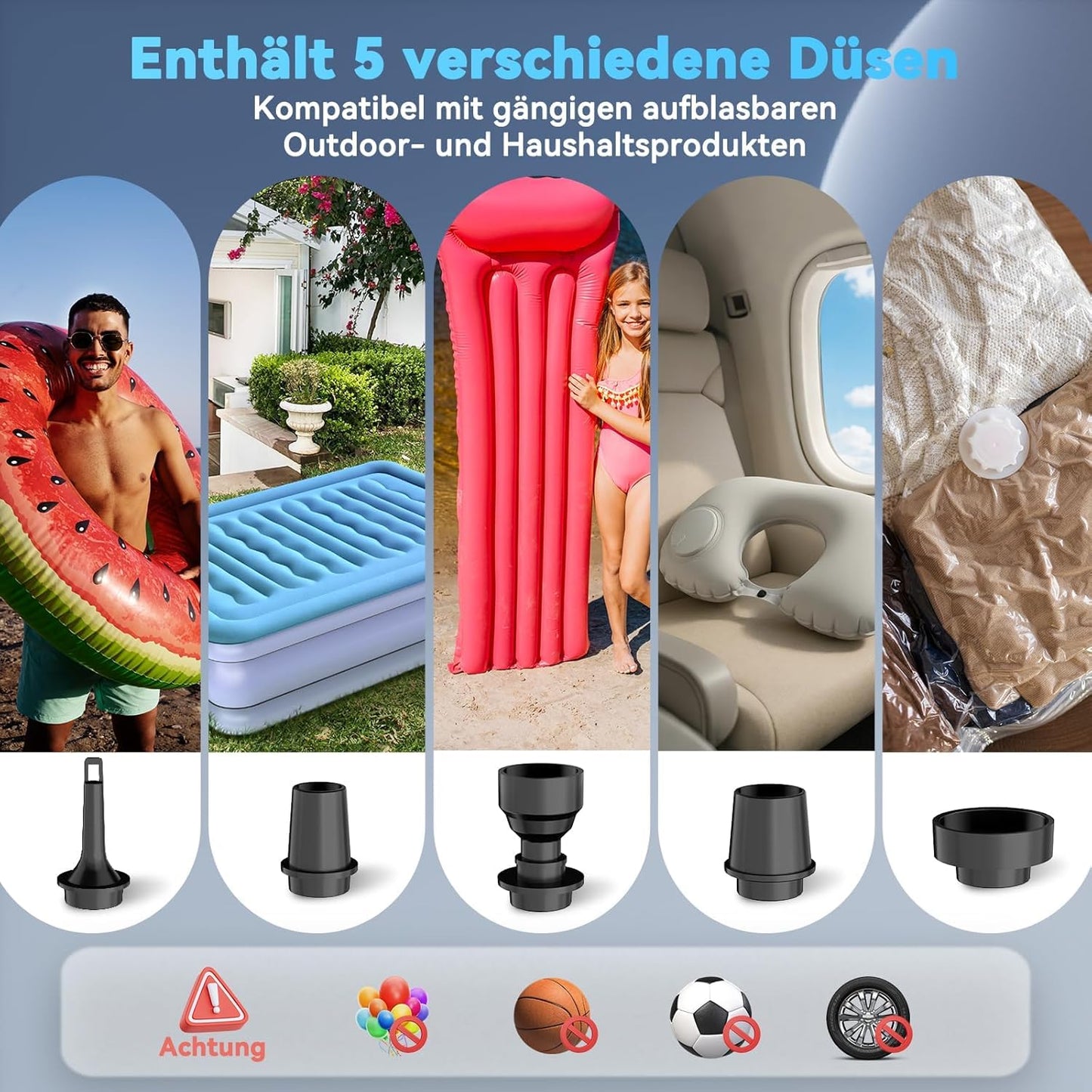 Portable pump, 5 multi-function nozzles for quick manual inflation of air mattresses, swim rings, pools, and inflatable toys - ideal for camping & outdoor use.