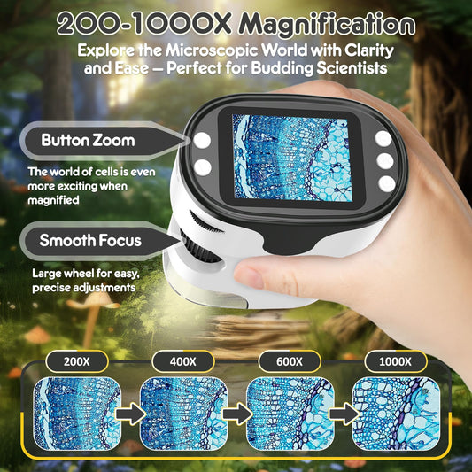 1000X portable digital microscope for kids: 4K 2.0" screen Rechargeable mini pocket USB trichome microscope science kit with slide set Gifts for 4-12 year olds