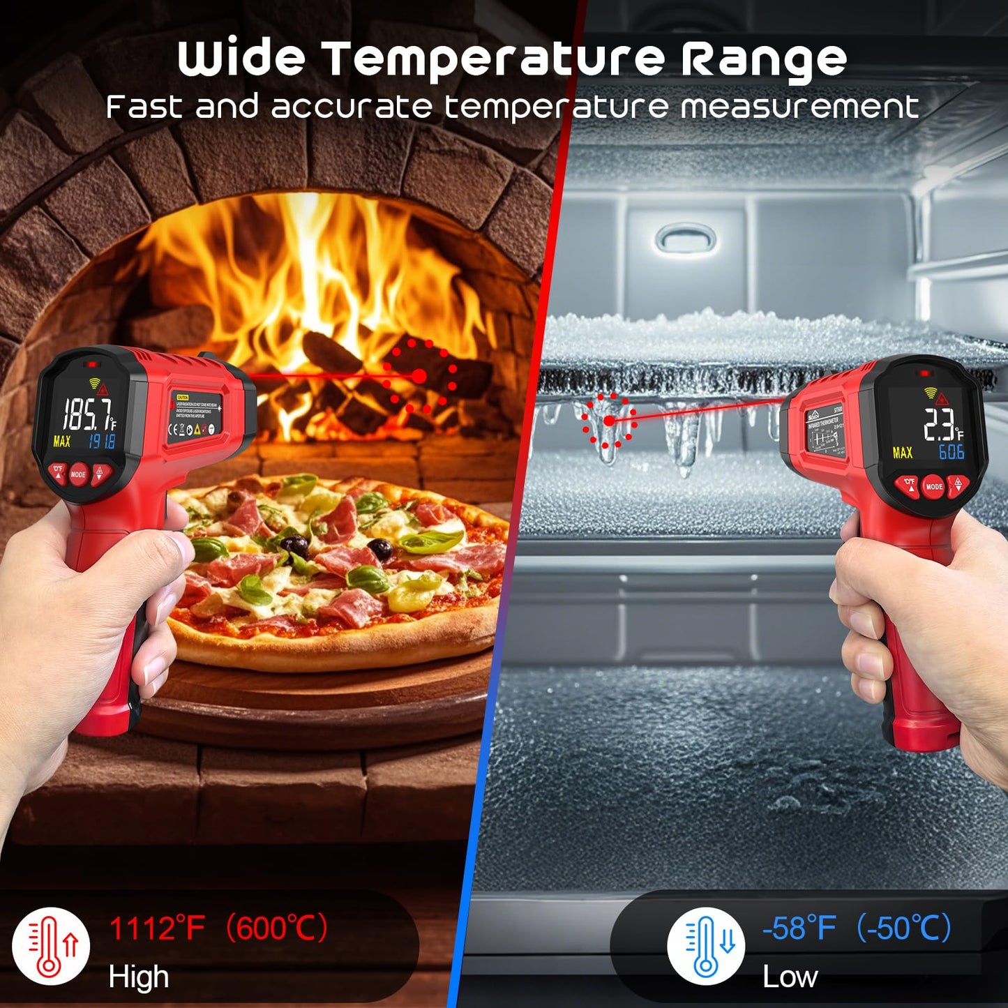 Infrared thermometer, SQECH temperature measuring device -50℃~600℃ (-58℉~1112℉), with adjustable emissivity and colored backlight, for cooking, pizza oven, refrigerator, industrial (Red)