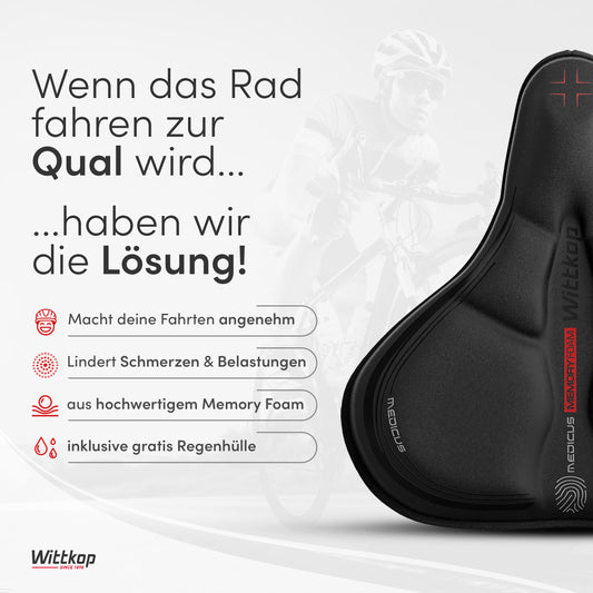 WITTKOP bike seat cushion with gel pad & memory foam I Ergonomic bike seat cover for women and men with 3-zone concept I Comfortable bike saddle cover for Peloton & bike seat