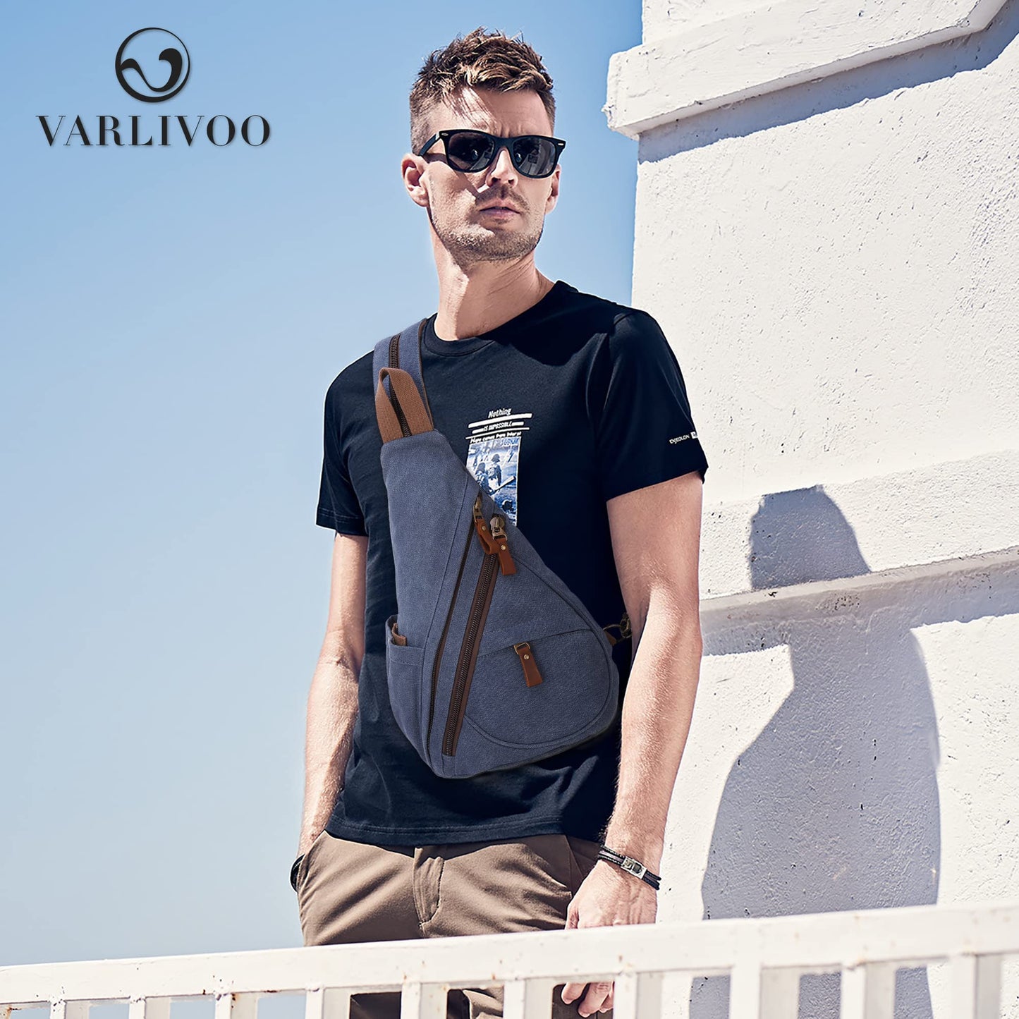 VARLIVOO Retro Men's Sling Bag Women's Crossbody Bag Shoulder Bag Travel Camping Cycling Hiking School Canvas Sling Backpack Navy Blue