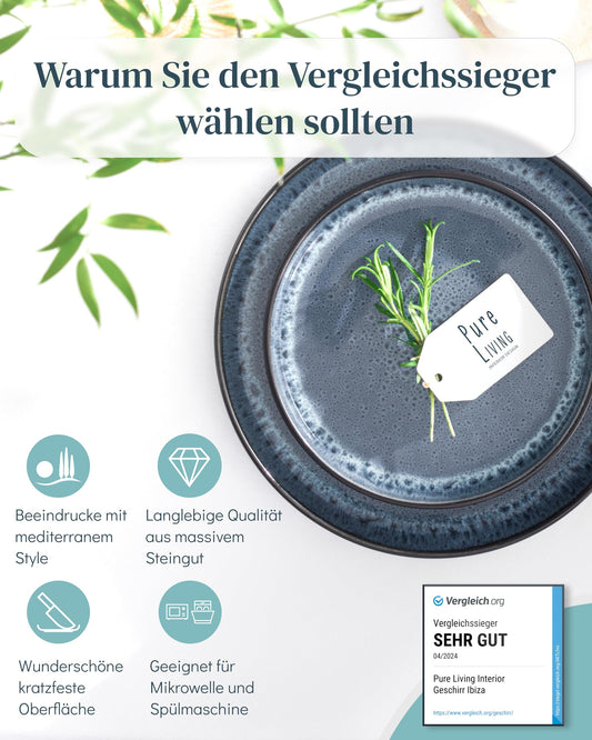 Stoneware dinnerware set for 12 people Ibiza 36 pieces. AWARD WINNER, Dreamy Mediterranean Stoneware Dinnerware Set, bowl and plate set, tableware for 12 people, dish sets Pure Living in smokey blue.