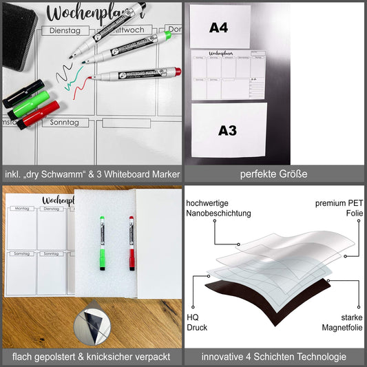 Clever Gadgets magnetic weekly planner + 3 whiteboard markers & eraser/ 38cm x 26cm/ wipeable/ fridge planner/ fitness planner/ magnet planner