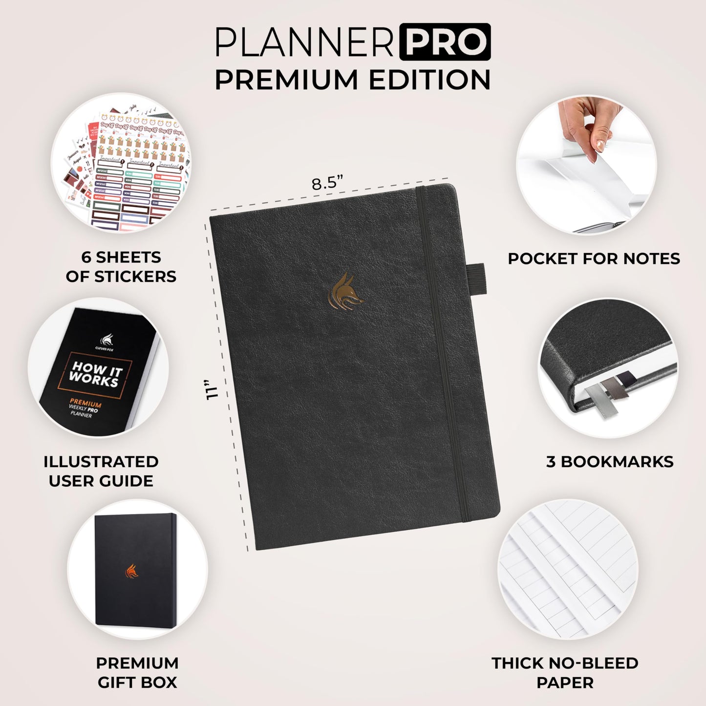 Clever Fox Planner PRO Premium Edition - Luxurious weekly and monthly planner + budget planner for productivity and goal achievement, undated, storage box, lasts for 1 year, Silver Black