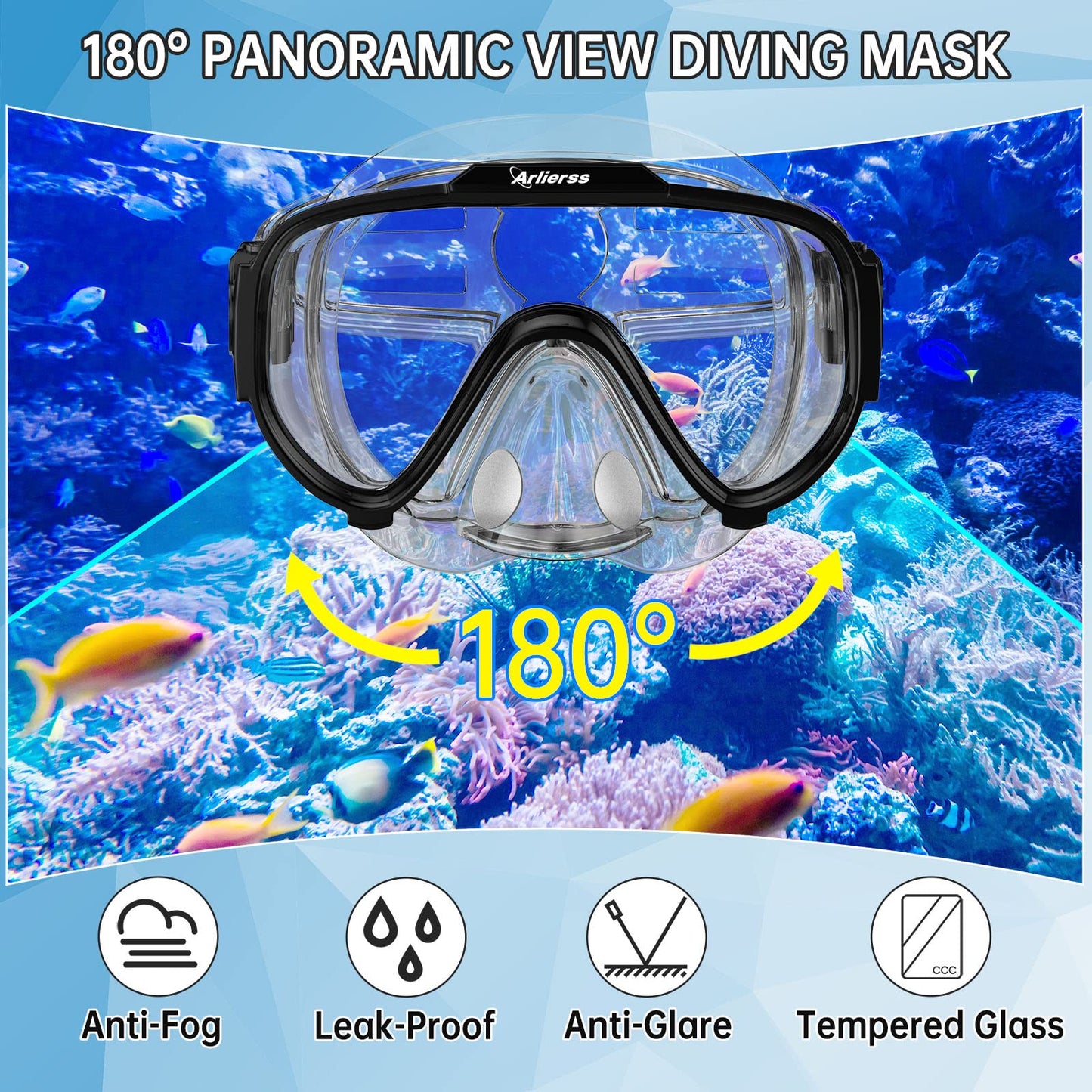 Arlierss diving mask, snorkel set with snorkel and diving mask, 180° panoramic HD tempered glass anti-fog anti-leak premium dry snorkel for adults.