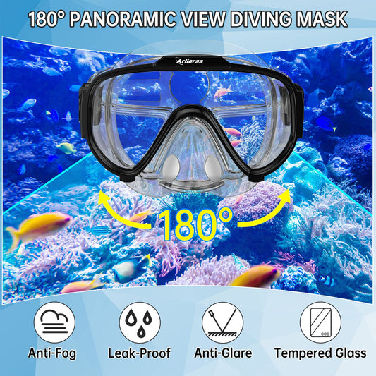 Arlierss diving mask, snorkel set with snorkel and diving mask, 180° panoramic HD tempered glass anti-fog anti-leak premium dry snorkel for adults.