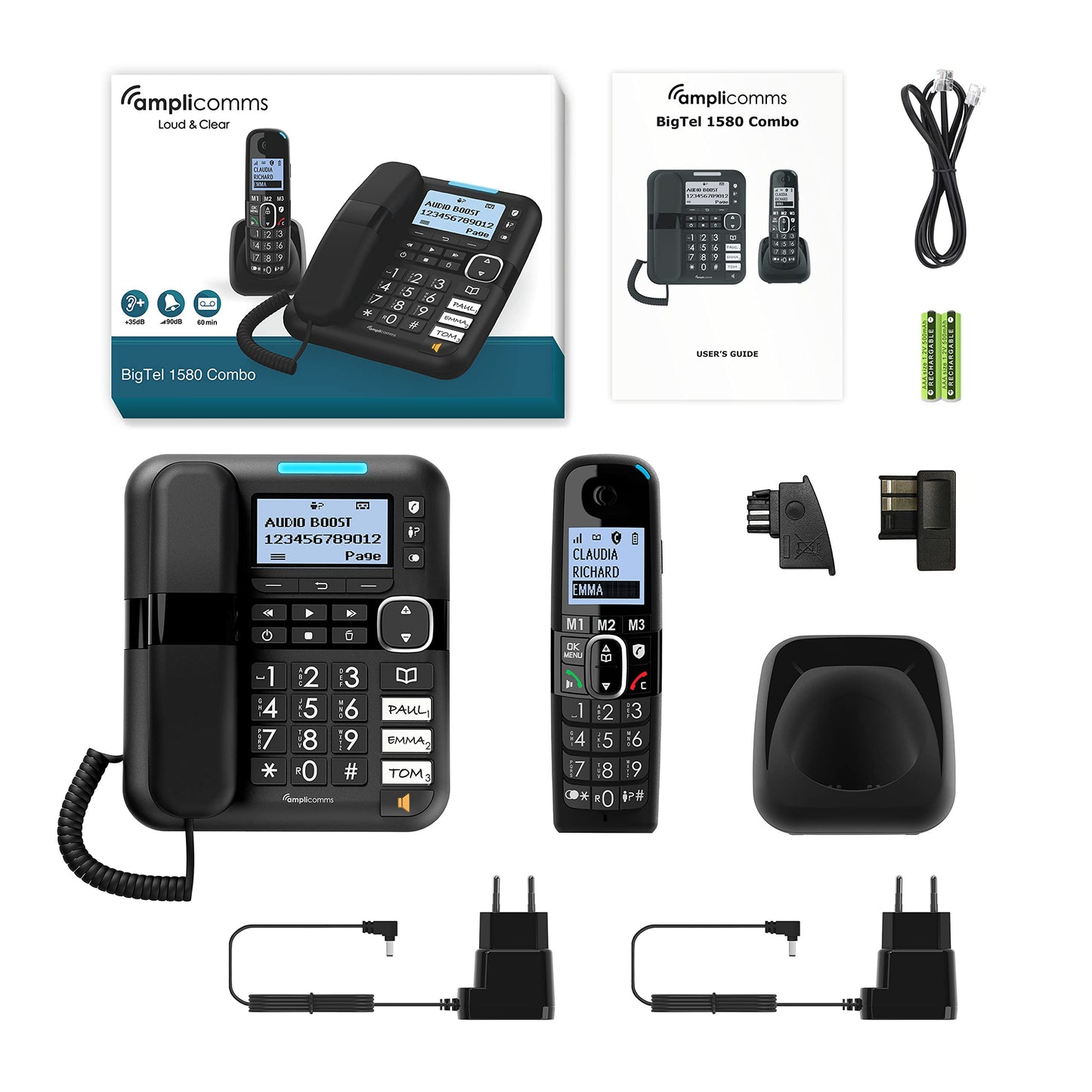 Amplicomms BigTel 1580 Combo DECT Large Button Phone, answering machine, additional handset, audio boost, extra loud ringtones, hearing aid compatible, black.