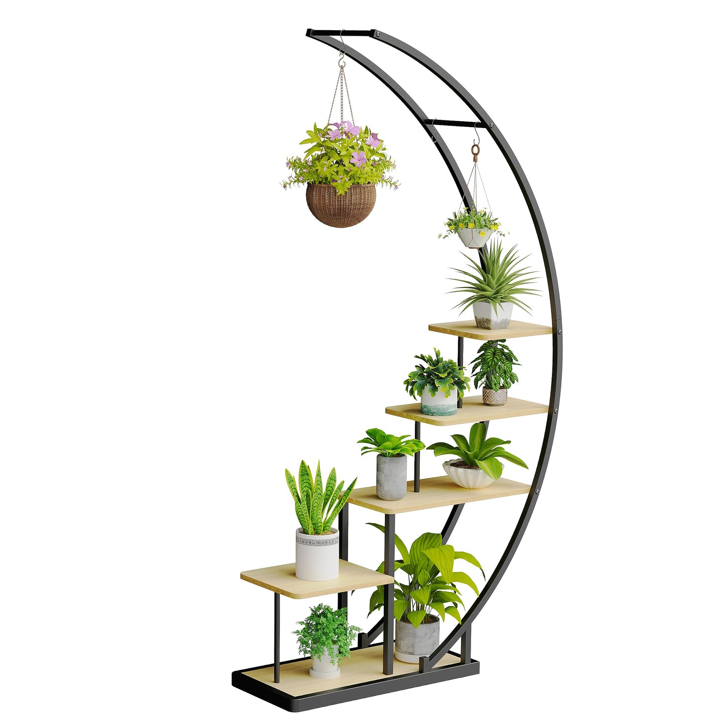 Ribelli 5-tier metal plant stand in half-moon shape 172cm, plant shelf with 5 shelves & hooks, tall flower stand plant ladder with tip-over protection for balcony living room terrace (1 piece, brown)