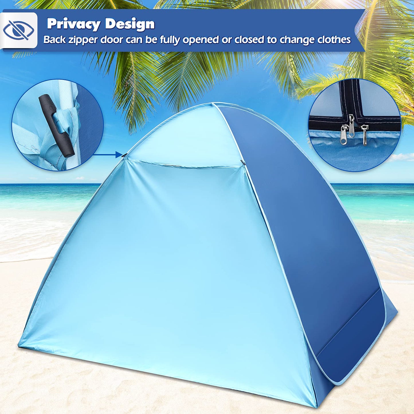 Pop-up beach tent, 2-3 person family tent with UV protection UPF 50+. Beach tent with zipper backdoor, front door with buckles. Compact size for sun protection at the beach or in the garden.