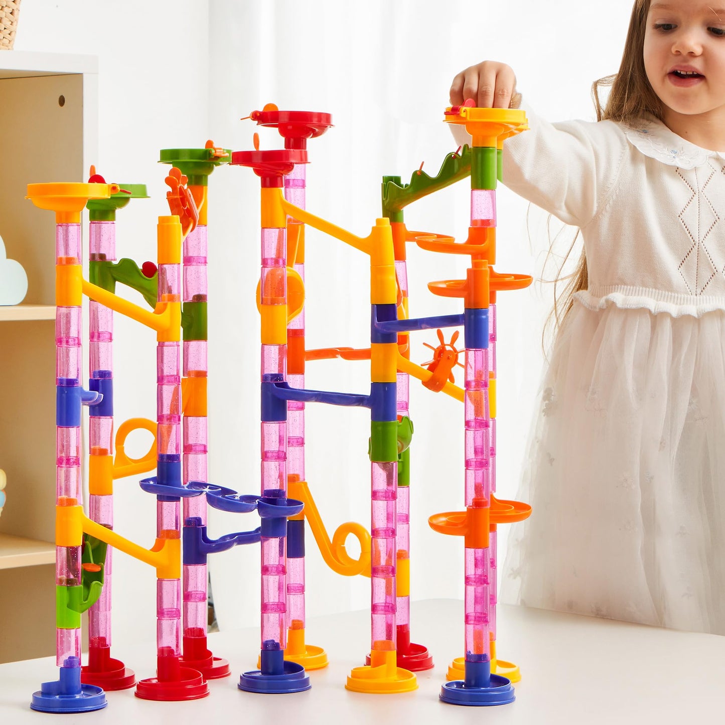 JOYIN 196-Piece Multicolored Marble Run Set, Building Blocks Toy, Educational Mint Learning Toy, Learning Building Block, Construction Toy for Kids (156 translucent plastic pieces + 40 glass marbles)