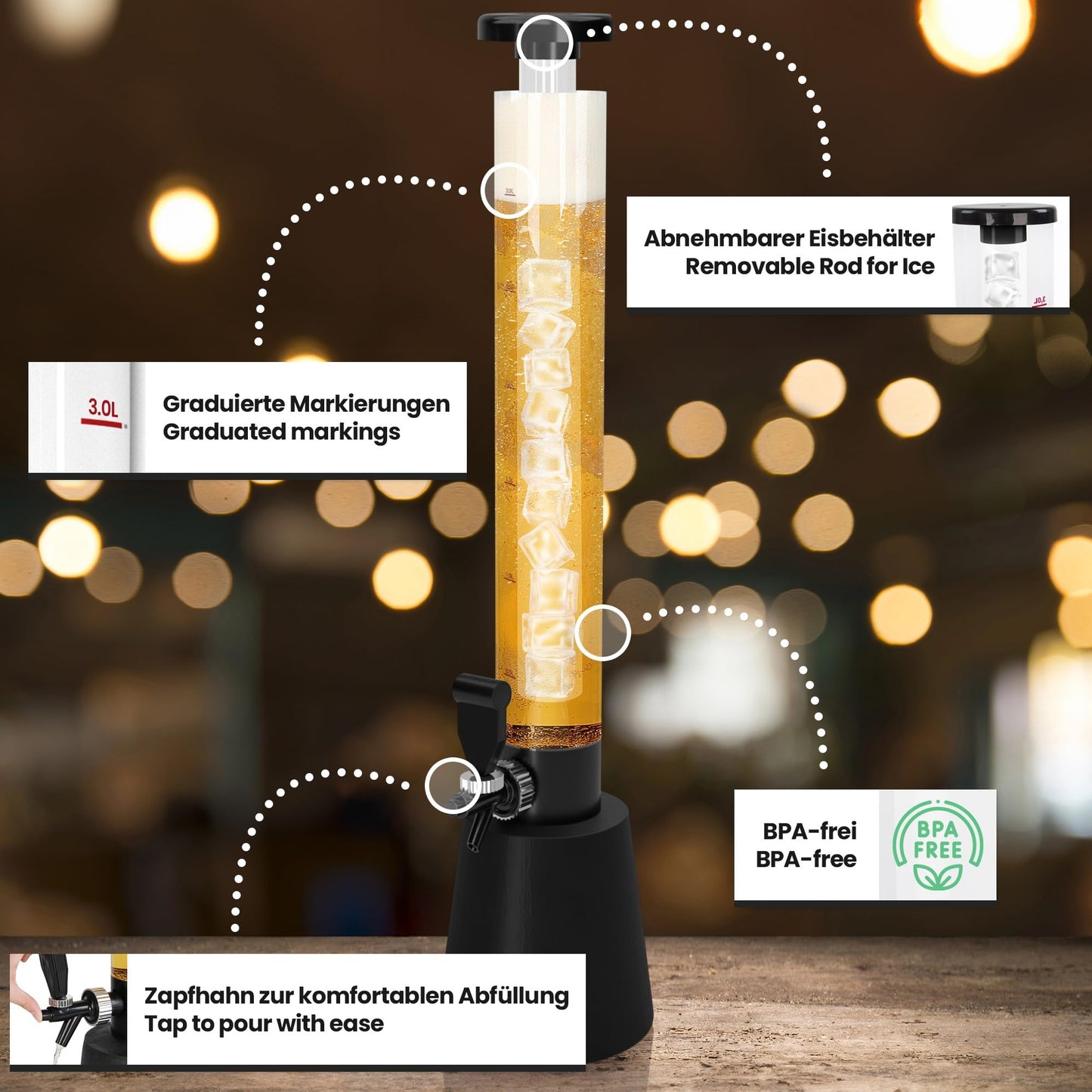 Jago® Beer tower with tap - 3.5L, 90cm tall, level indicator, stand, BPA-free, LFGB standard, various set options - beer tower, beverage tower, drink tower, beer dispenser, beverage dispenser, tap tower