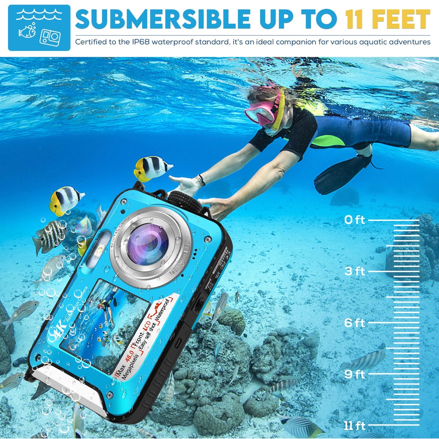 4K underwater camera with 64GB card, 48MP underwater camera with autofocus & HD dual selfie display, 3.5m waterproof camera, waterproof digital camera for kids & snorkeling (2 batteries)