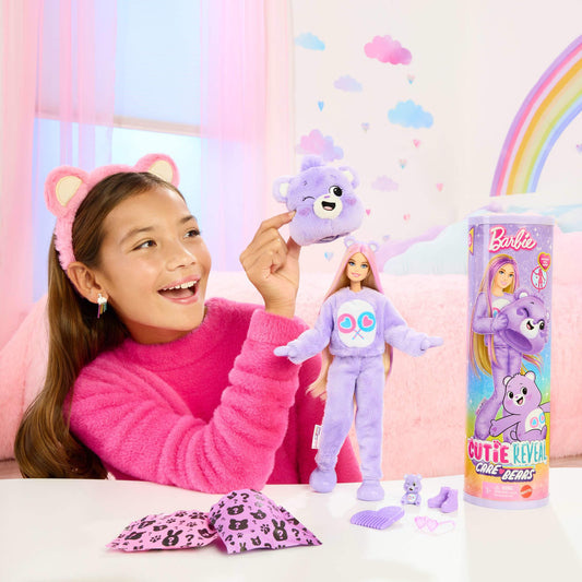 Barbie doll with accessories, Care Bears collection, fashion doll in fuzzy Care Bears costume with 10 surprises, including color change and mini Care Bear, JCN94.