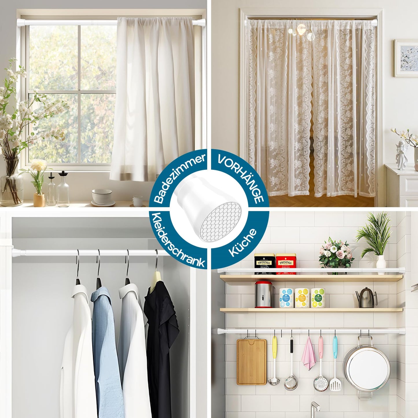 AIZESI 1 Piece Curtain Rod without Drilling Telescopic Rod Curtain Rod Shower Curtain Rod Tension Rod Adjustable Curtain Rod Clamp Rod for Curtains, Bathroom White 110-190CM (Diameter 22mm)
