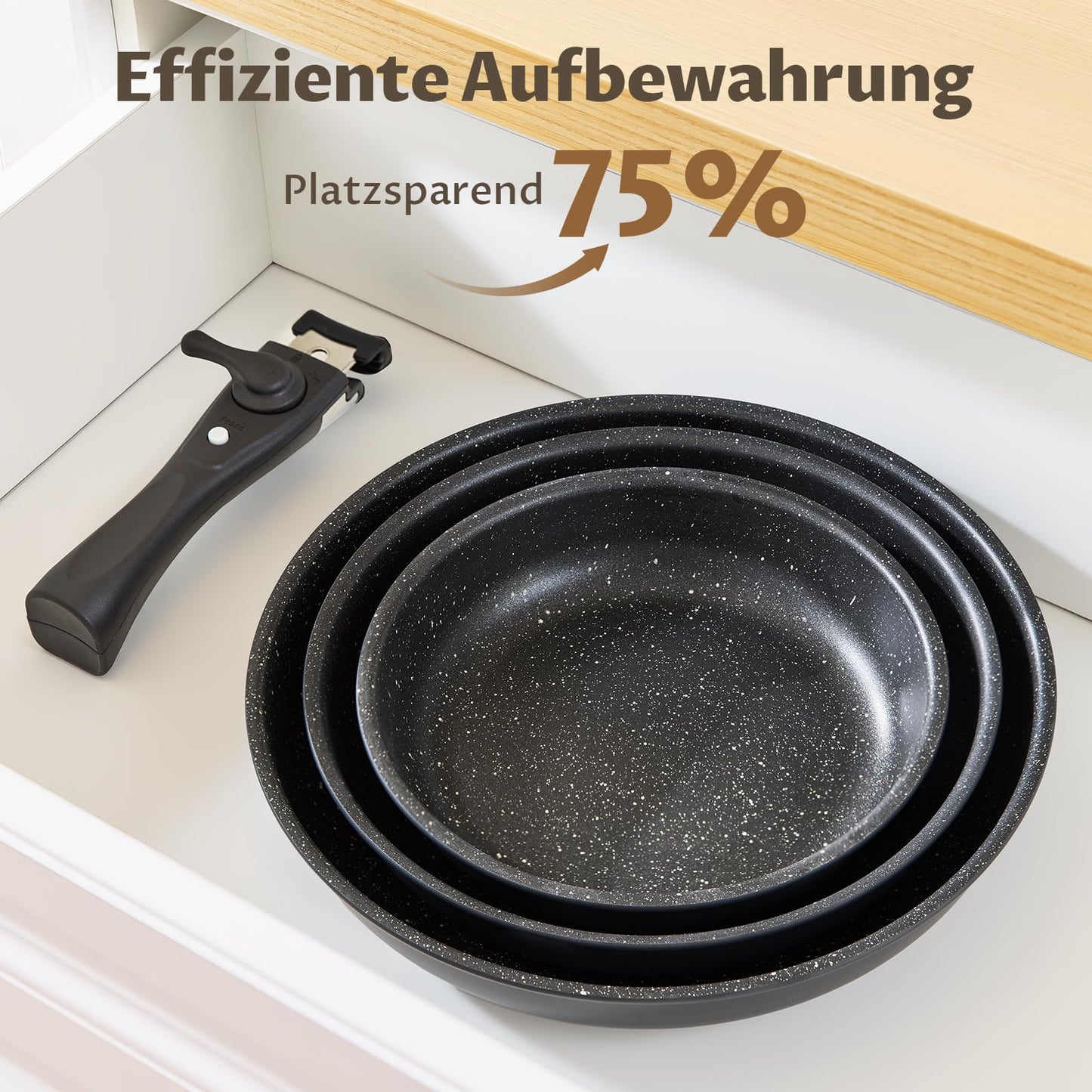 Fadware induction pan set with 20, 24, and 28 cm non-stick frying pans. Removable handle, suitable for all hob types. PFOA and PFAS free, oven safe, easy to clean, great for camping.