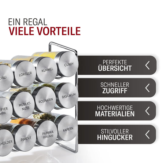 Vomeno® spice rack with 18 stainless steel jars - universal kitchen organizer including spice jars - high-quality spice stand/herb shelf in a set (empty)