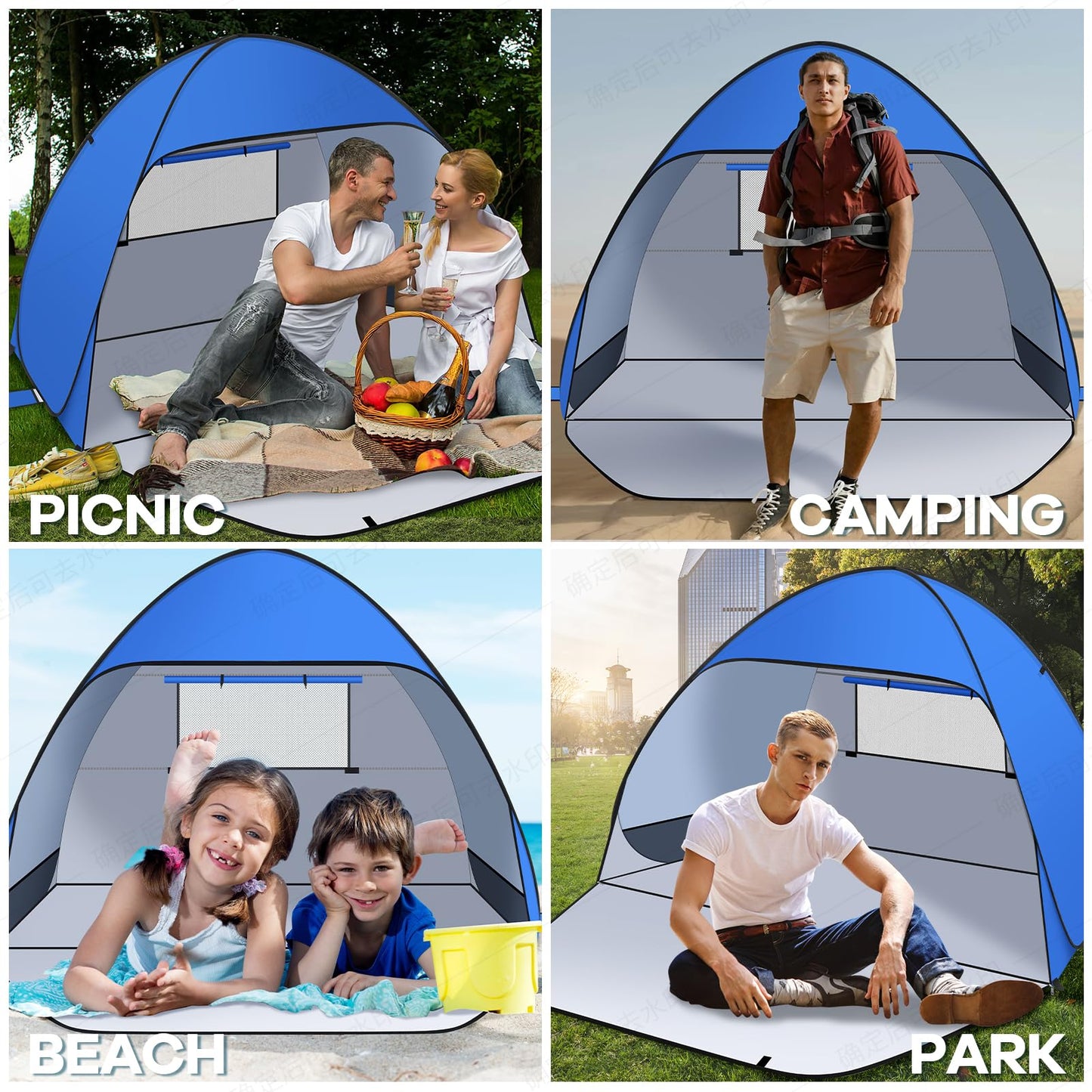 Jsdoin Beach Shelter Pop Up with UV Protection, Pop Up Tent Beach Tent, Suitcase Suitable Tent for L (2-3) People/XL (3-4) People incl. Pop-up Beach Tent for Camping Garden Families with Carry Bag.