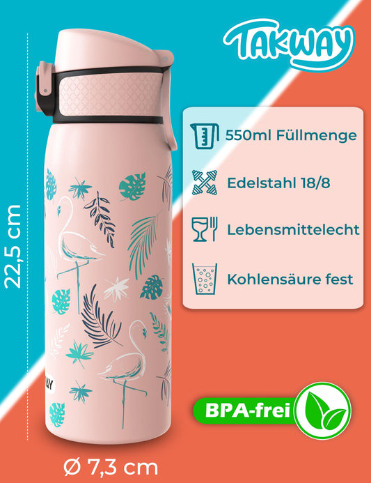 TAKWAY Stainless Steel Water Bottle Kids 550ml - Leakproof, insulated, and suitable for carbonated drinks - Bottle for school, sports (Flamingo)