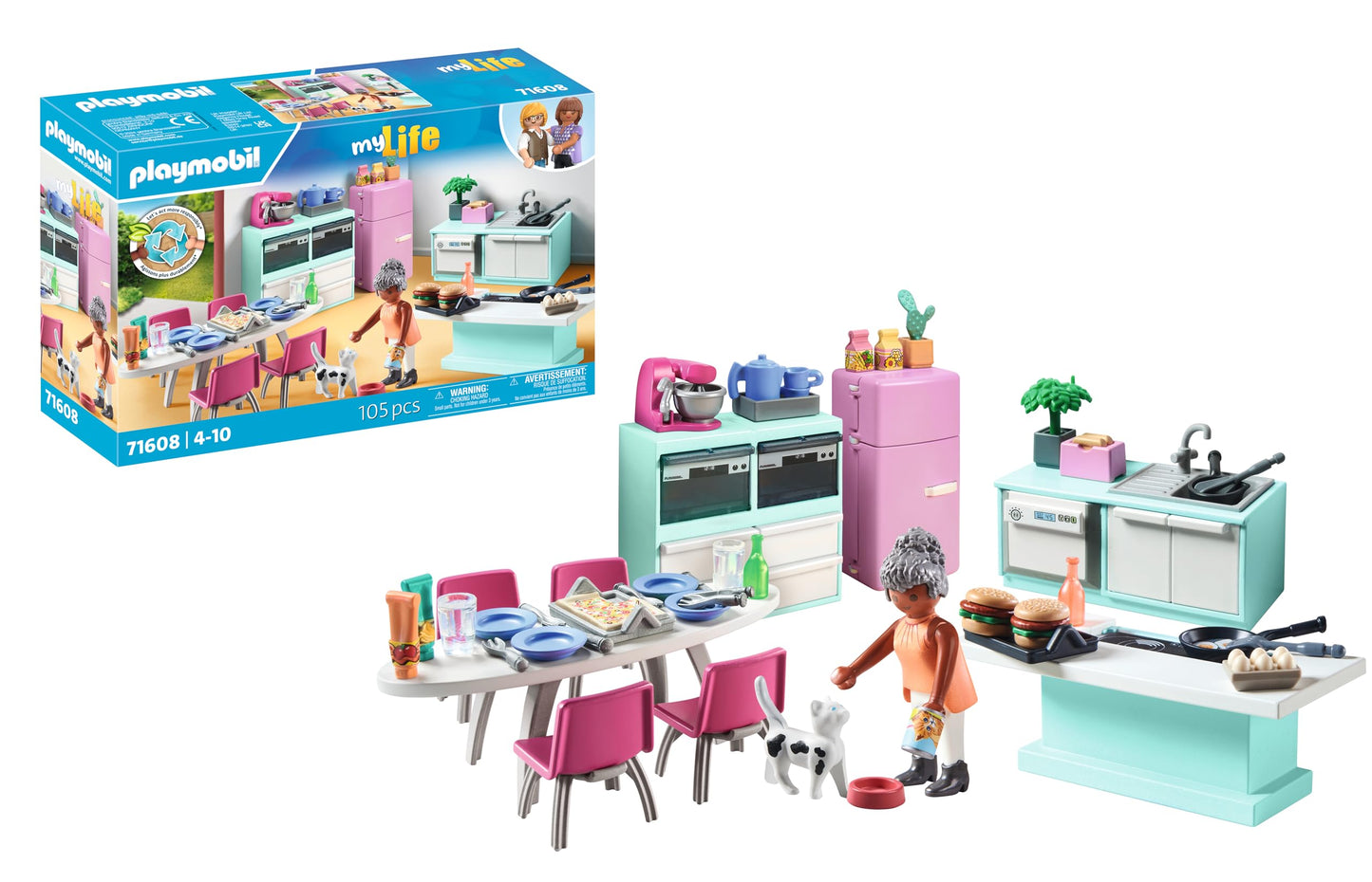 PLAYMOBIL MyLife 71608 Kitchen with Dining Area, fully equipped kitchen for detailed play, made from over 80% recycled and bio-based materials, creative toy for children ages 4 and up.