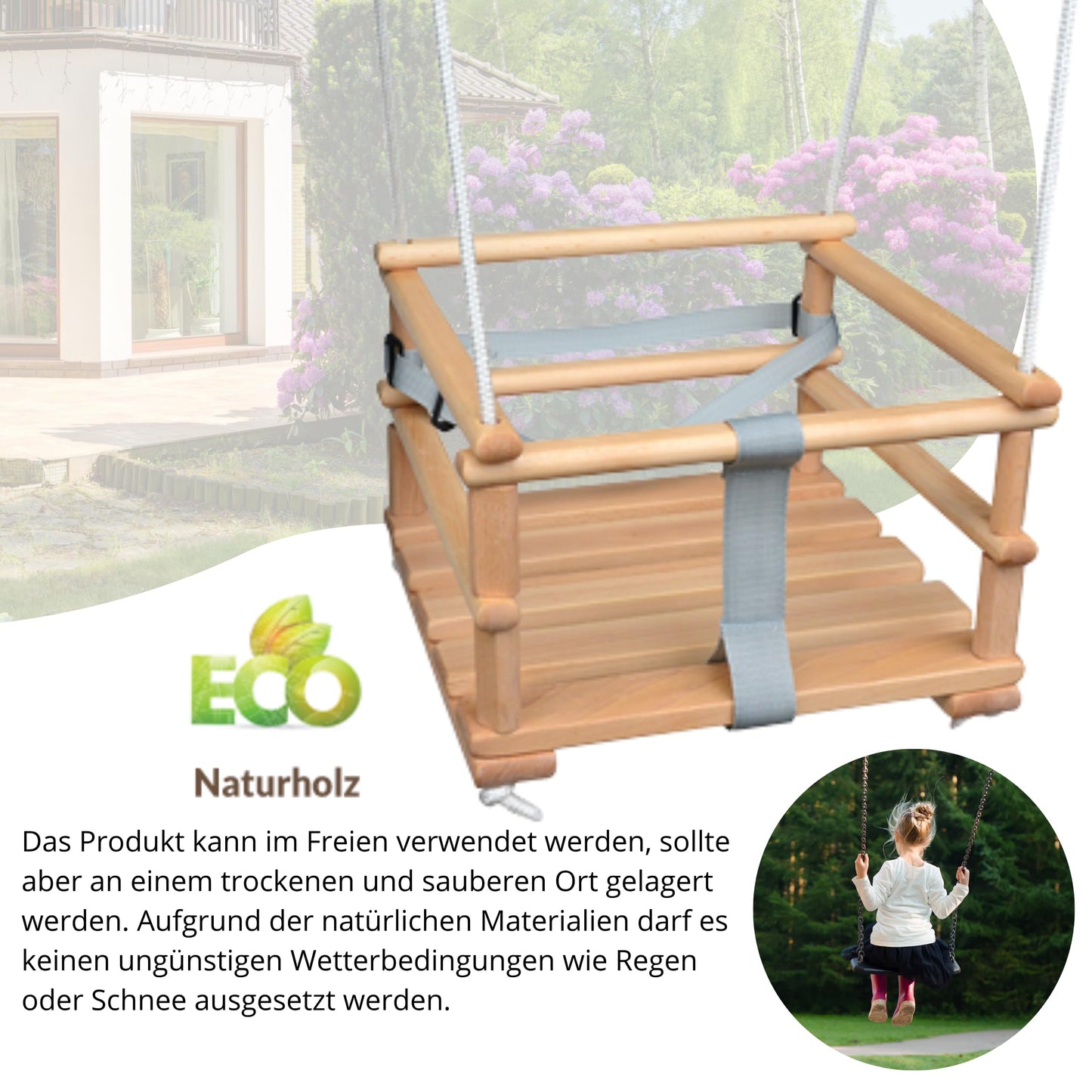 Wooden baby swing, children's swing, 3 in 1 swing for kids with safety belt, toddler swing, baby swing and swing seat, wooden children's swing for indoor and outdoor use (light grey)