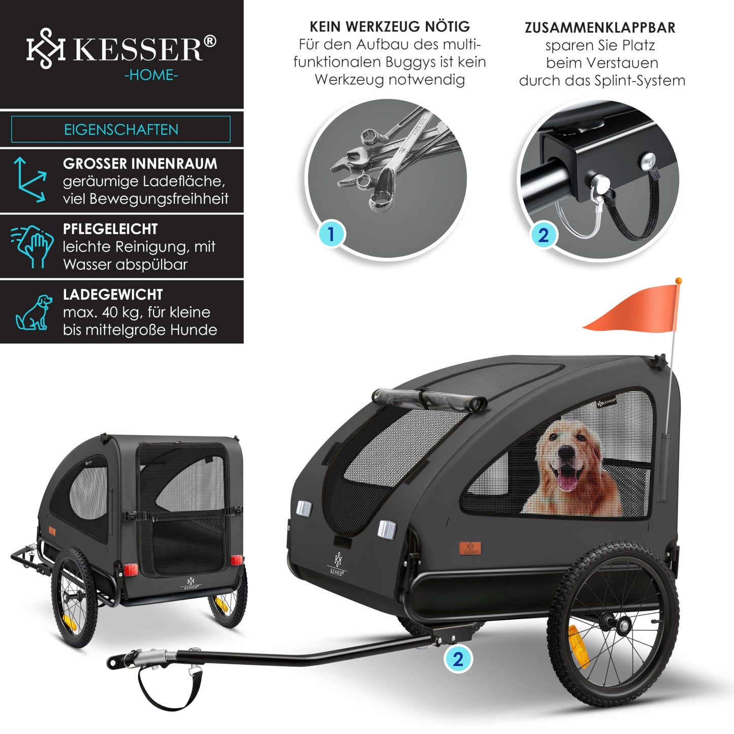 KESSERยฎ Dog Trailer Boxer 2-in-1 Dog Stroller Bike Trailer large approx. 250L volume - Incl. flag and bag - 600D Oxford Canvas, foldable SmartSpace Concept, max. 45kg, Anthracite
