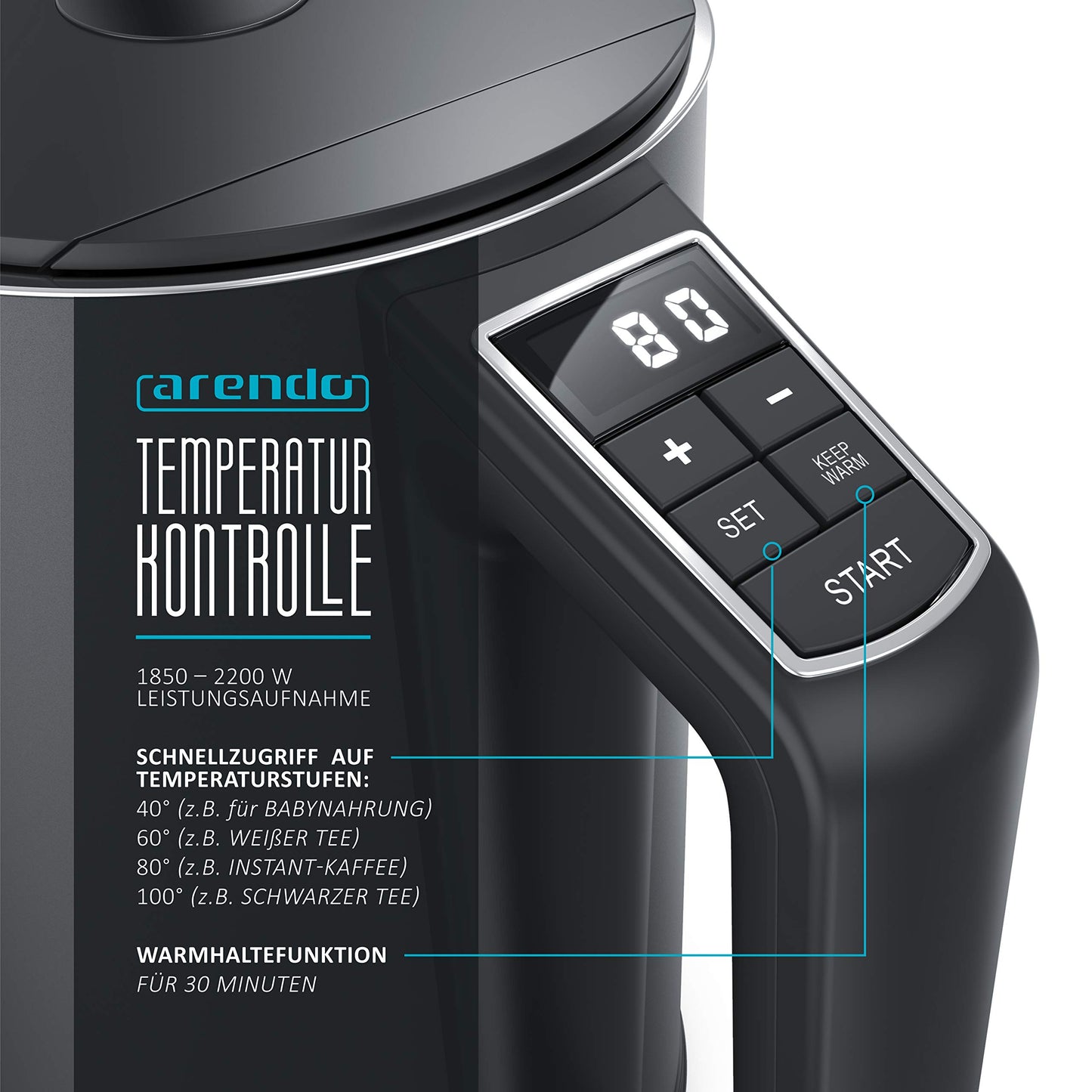 Arendo - Stainless Steel Kettle with Temperature Control 40-100 degrees in 5 degree increments - Double Wall Design - Model ELEGANT - 1.5 Liters - 2200 W - Tea Kettle with Temperature Display - GS - Cool Grey