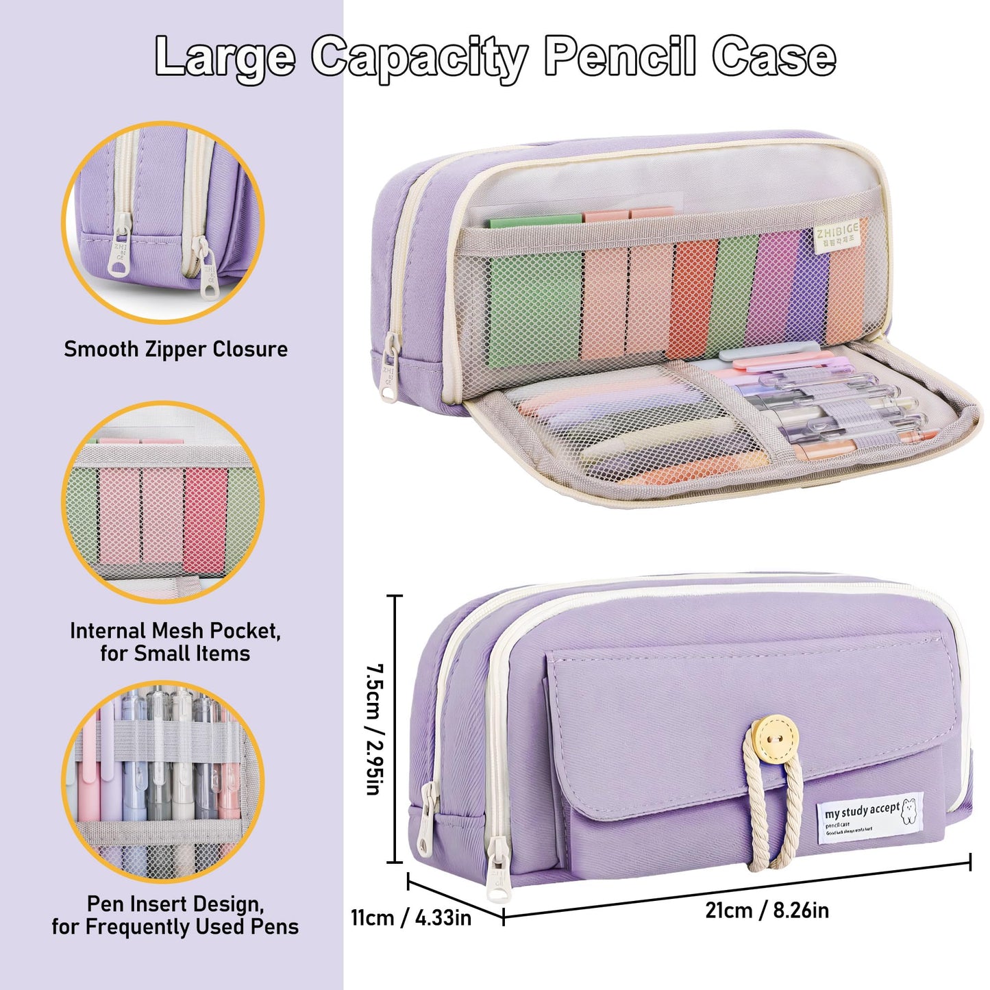 COZCLAM 32pcs School Supplies Aesthetic with Purple Pencil Case, 12 Pastel Highlighters, 5 Black Gel Pens, 6 Color Pencils, 5 Bookmarks, and Sticky Notes, Aesthetic School Stuff Clean Girl School Accessories