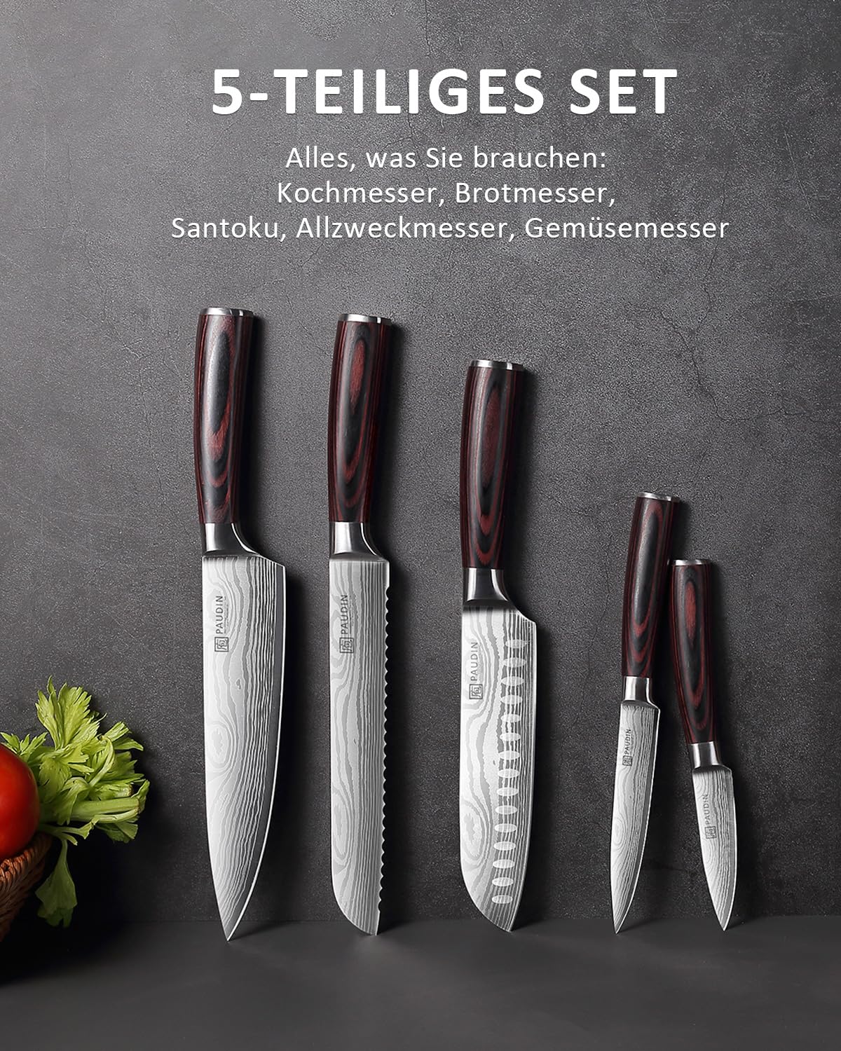 PAUDIN Kitchen Knife Set, 5-piece kitchen knife set made of high-quality carbon stainless steel, ultra-sharp knife set with chef's knife, cleaver, and utility knife.