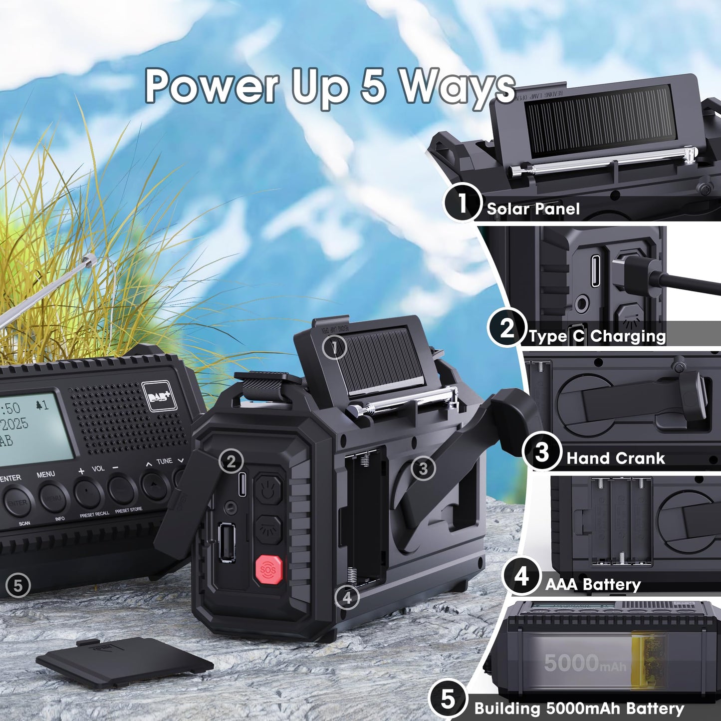 DAB/DAB+/FM digital radio with built-in 5000mAh battery. Solar radio emergency radio with USB mobile phone charging function. Camping radio with LED flashlight, reading light, SOS alarm. Portable crank radio for outdoor use.