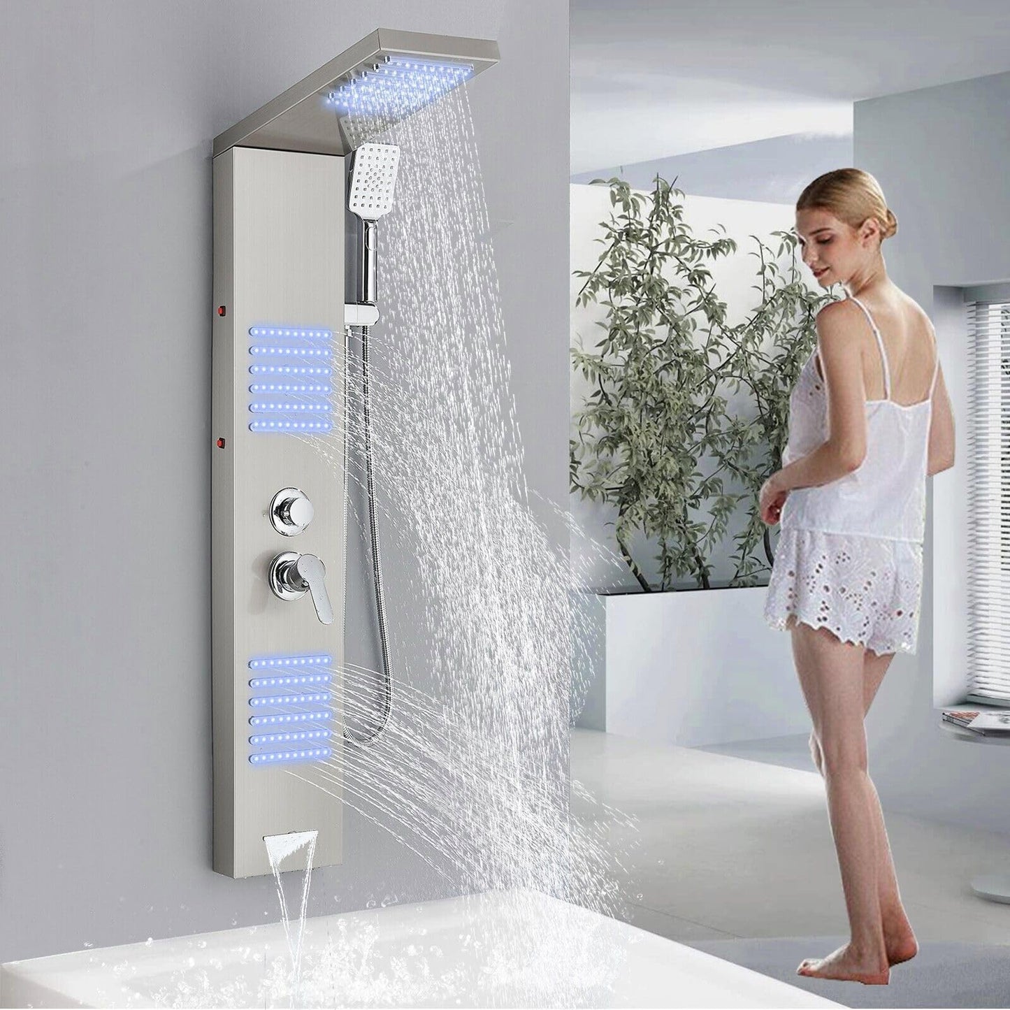 Shower panel with faucet, rain shower, bathtub faucet, shower column, shower system, shower set, brushed nickel LED stainless steel 304 with 4 shower functions.
