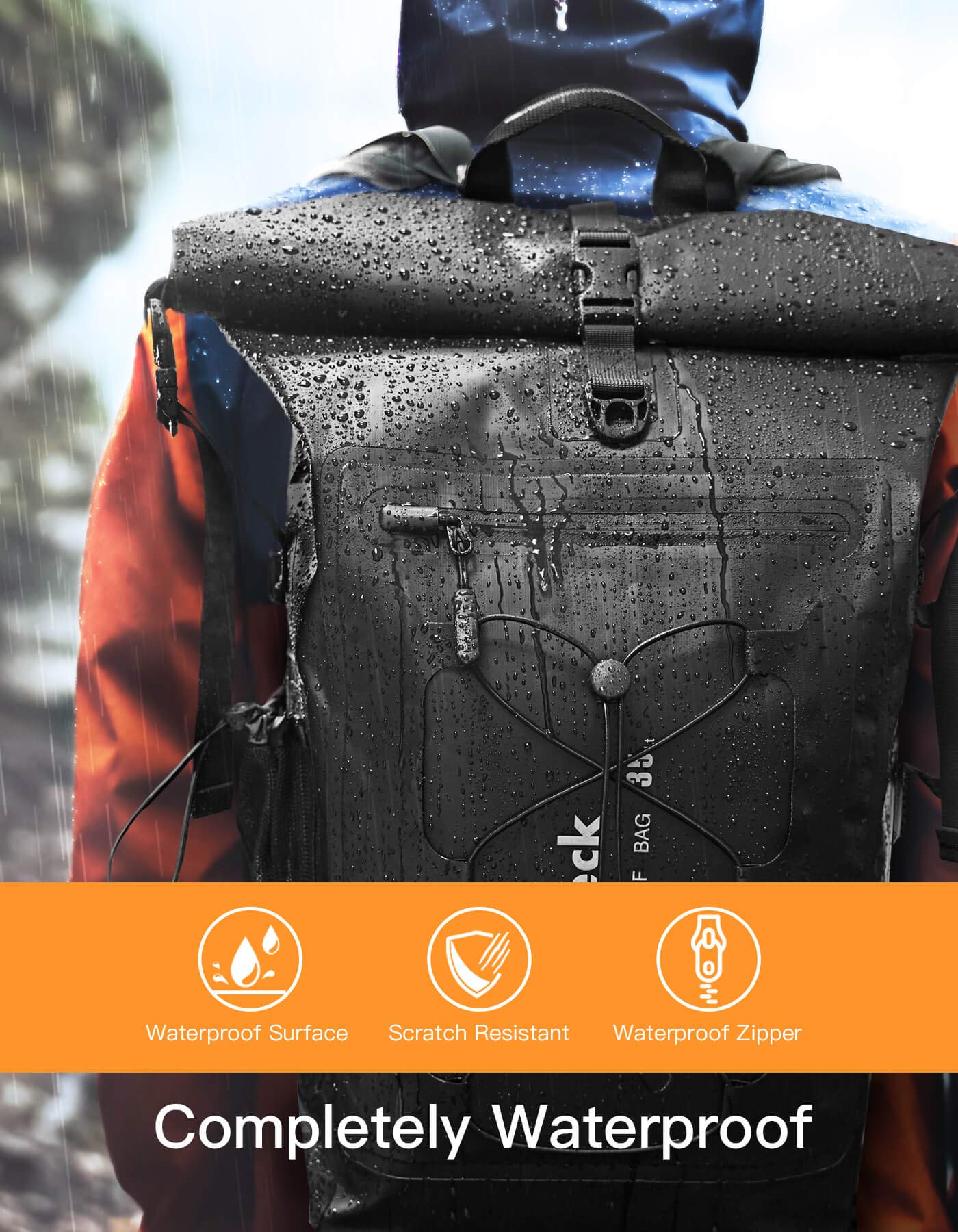 Inateck RollTop Backpack Men 30-35L Waterproof Multifunctional Organizer with Removable Shoulder Strap Drain Valve Waterproof Zipper for Cycling Outdoor Hiking