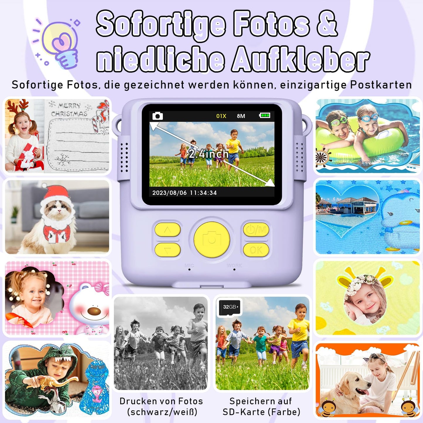 MILFECH Kids Camera Instant Camera, 1080P 2.4 Inch Screen Digital Camera for Kids with 5 Rolls Print Paper, 32GB Card, Photo Camera with 6 Colored Pens, 2 Sticker Gifts for Kids (Purple)