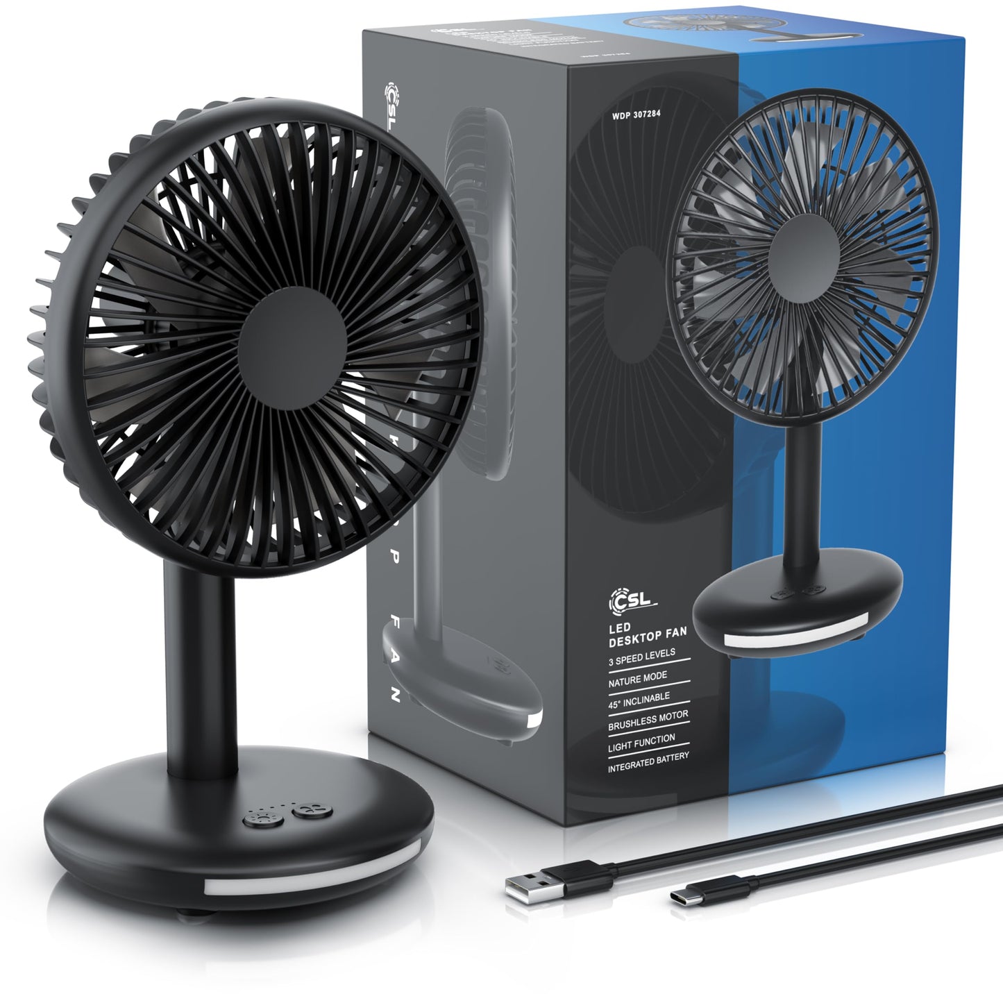 CSL - Table Fan with 2000 mAh Battery - USB Fan - Desk Fan - 3-speed - Energy Efficient - Very Quiet