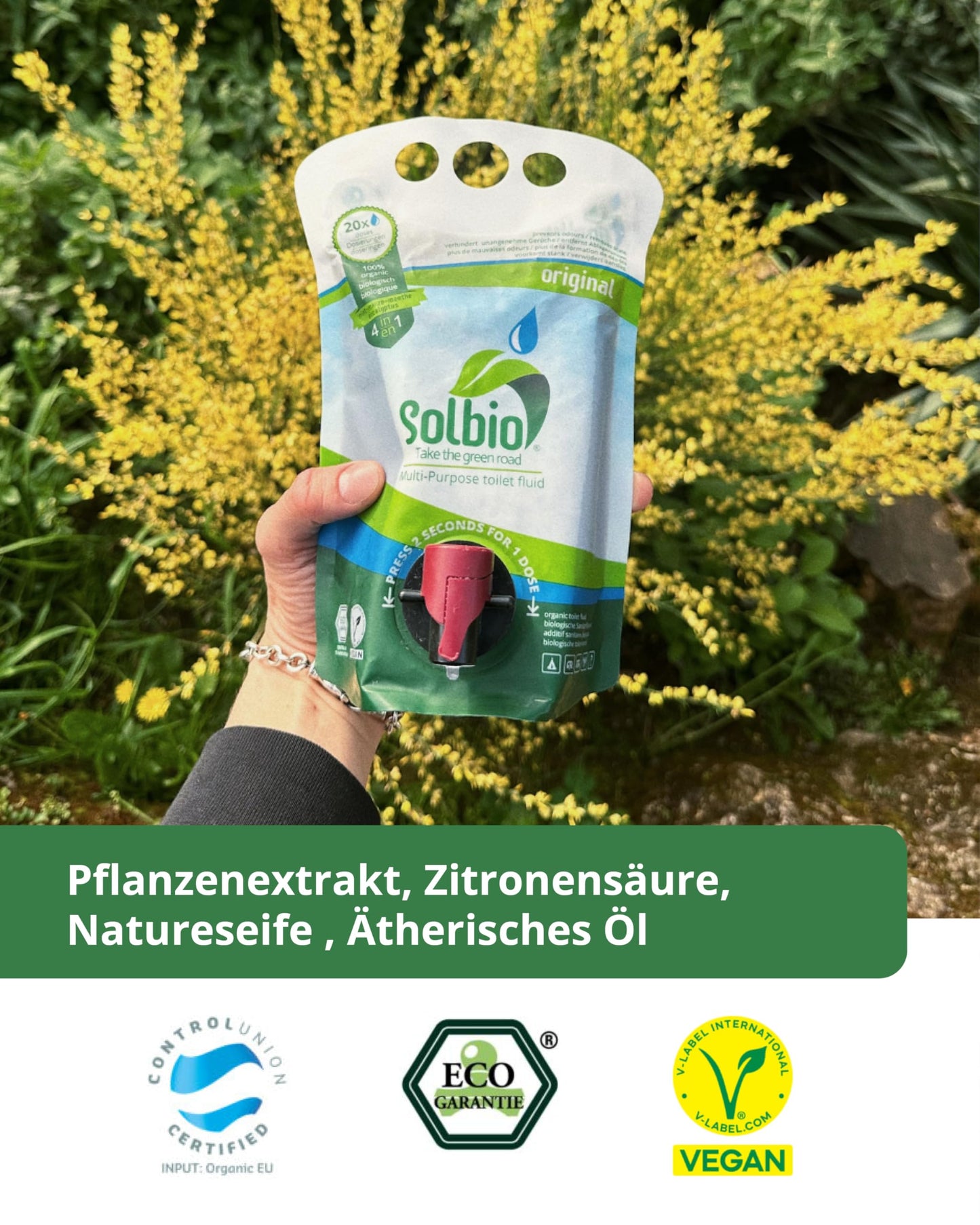 Solbio Original Sanitation Liquid for Camping Toilet 1.6l 100% Organic & Vegan - Biodegradable sanitary additive with scent of eucalyptus, pine, and mint.