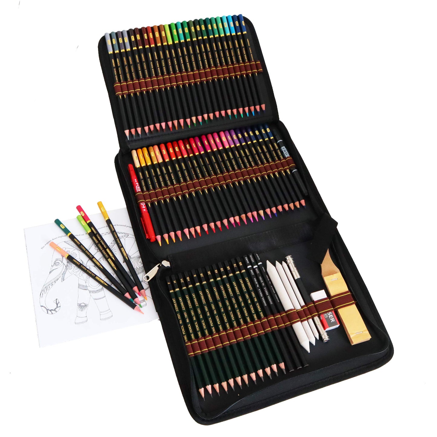 Colored pencils, sketching pencils, and drawing pencils set for sketching and drawing. Professional art set and kit bag with 72 pieces. Set for adult coloring books.