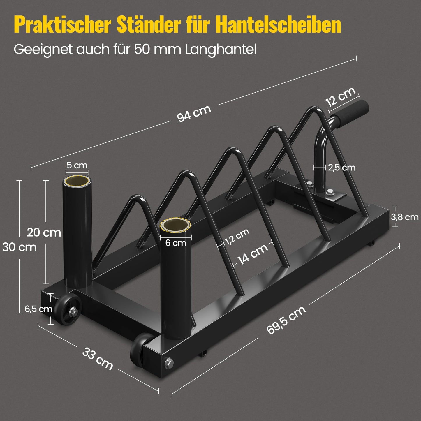 Yaheetech weight plate storage rack with 4 slots and 2 barbell holders on wheels. Supports up to 300 lbs of weight.