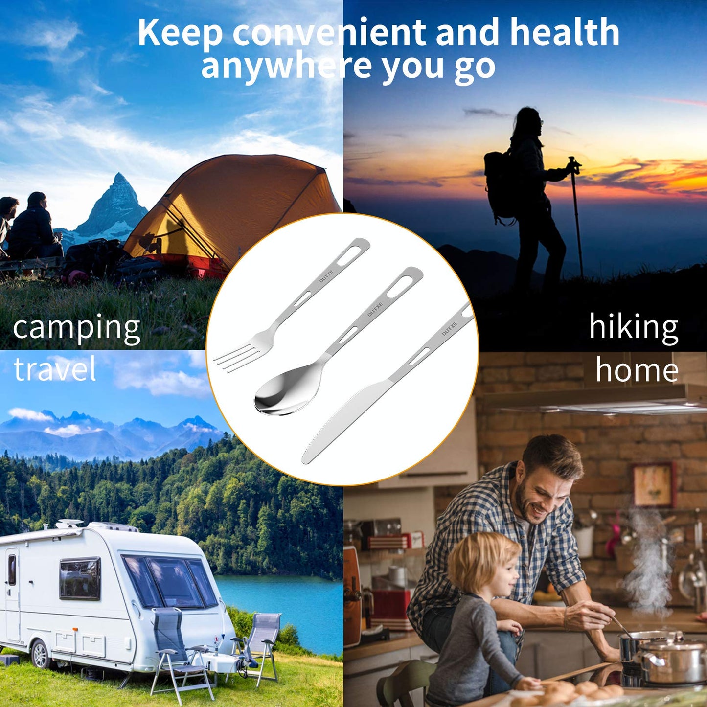 OUTXE Titanium camping utensil set 3-piece polished titanium spoon-fork-knife combo and neoprene case, lunchbox cutlery set and travel utensil.