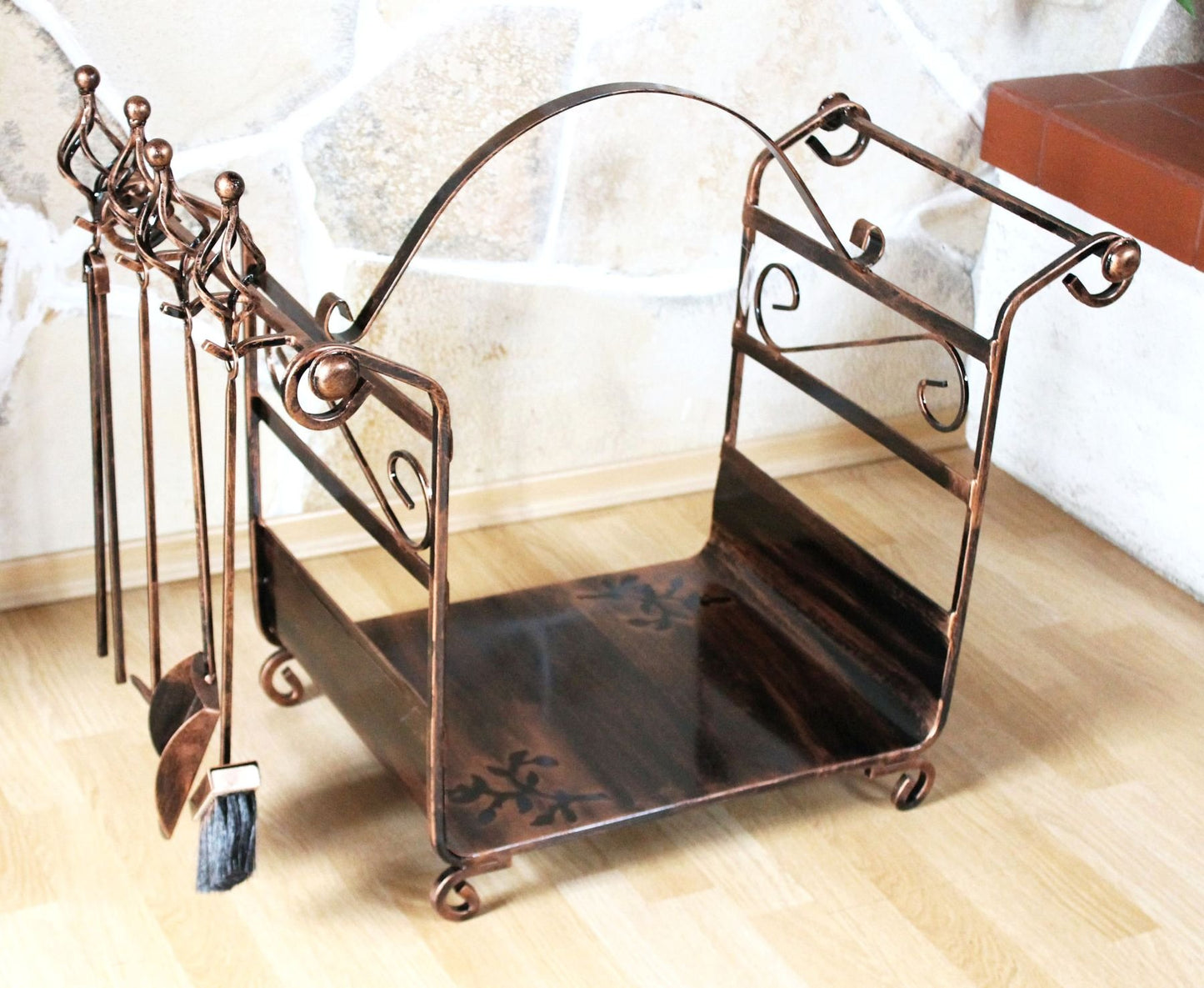 Firewood rack with fireplace tools Art.183 Firewood holder 77 cm Wood basket Fireplace set.