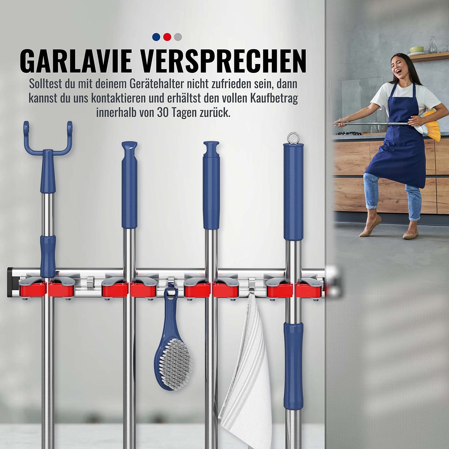 Garlavie self-adhesive broom holder for wall with 4 holders and 5 hooks - tool holder for brooms, garden tools, and kitchen - broom holder without drilling - organizer for garden and household 1x