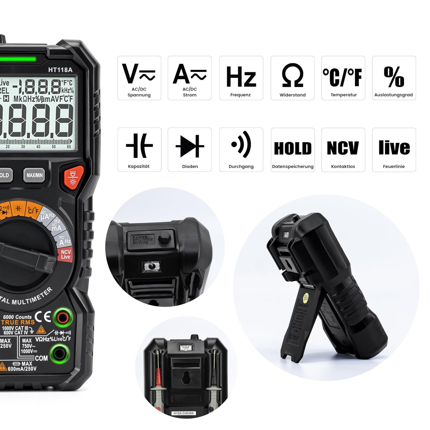 KAIWEETS Digital Multimeter with LED jacks, True RMS Auto-Range 6000 Counts, measures voltage, capacitance, temperature, resistance for electricians.